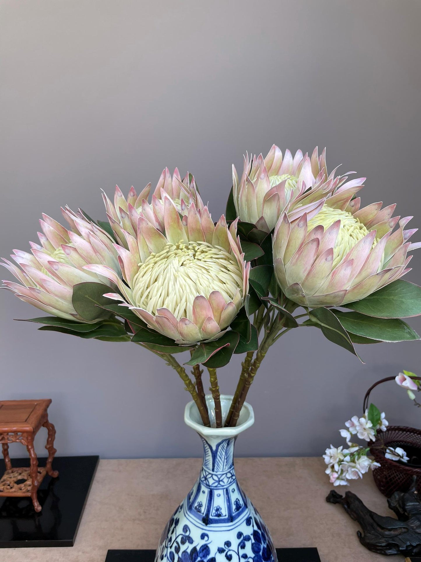 Giant Artificial Blush Pink King Protea Stem - Faux Pale Green & Pink Bloom - Exotic Tropical/Coastal Flower Head Decor(73cm)