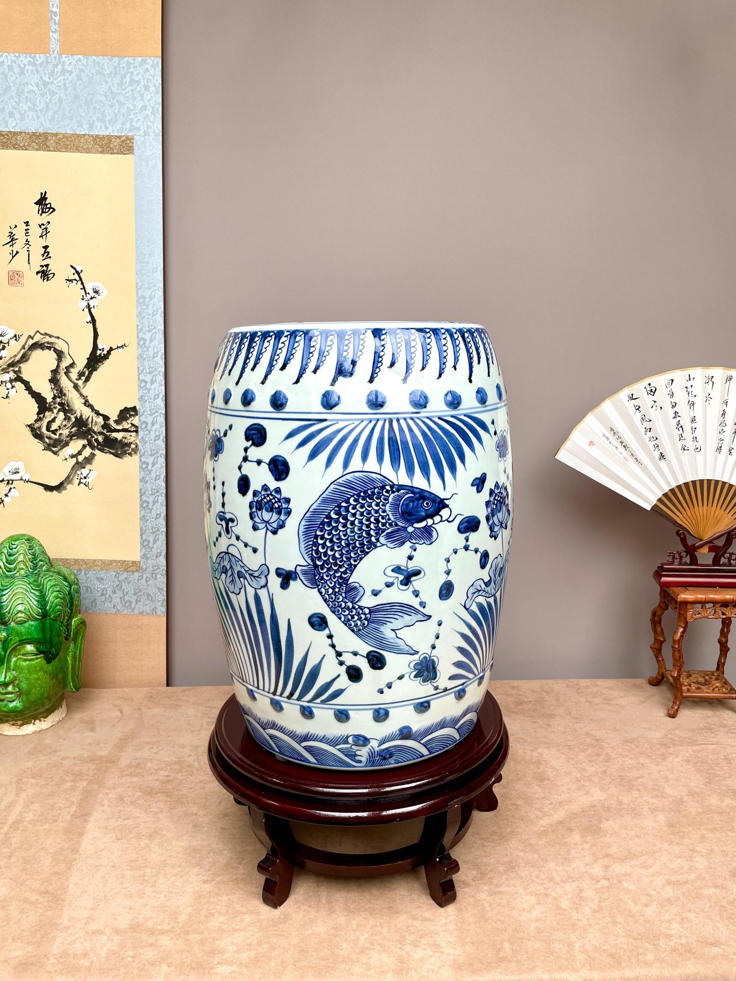 Hand Painted Koi Carp Garden Stool Traditional Chinese Blue White Drum Table Oriental Home Accent Cobalt Blue Statement Furniture Feng Shui