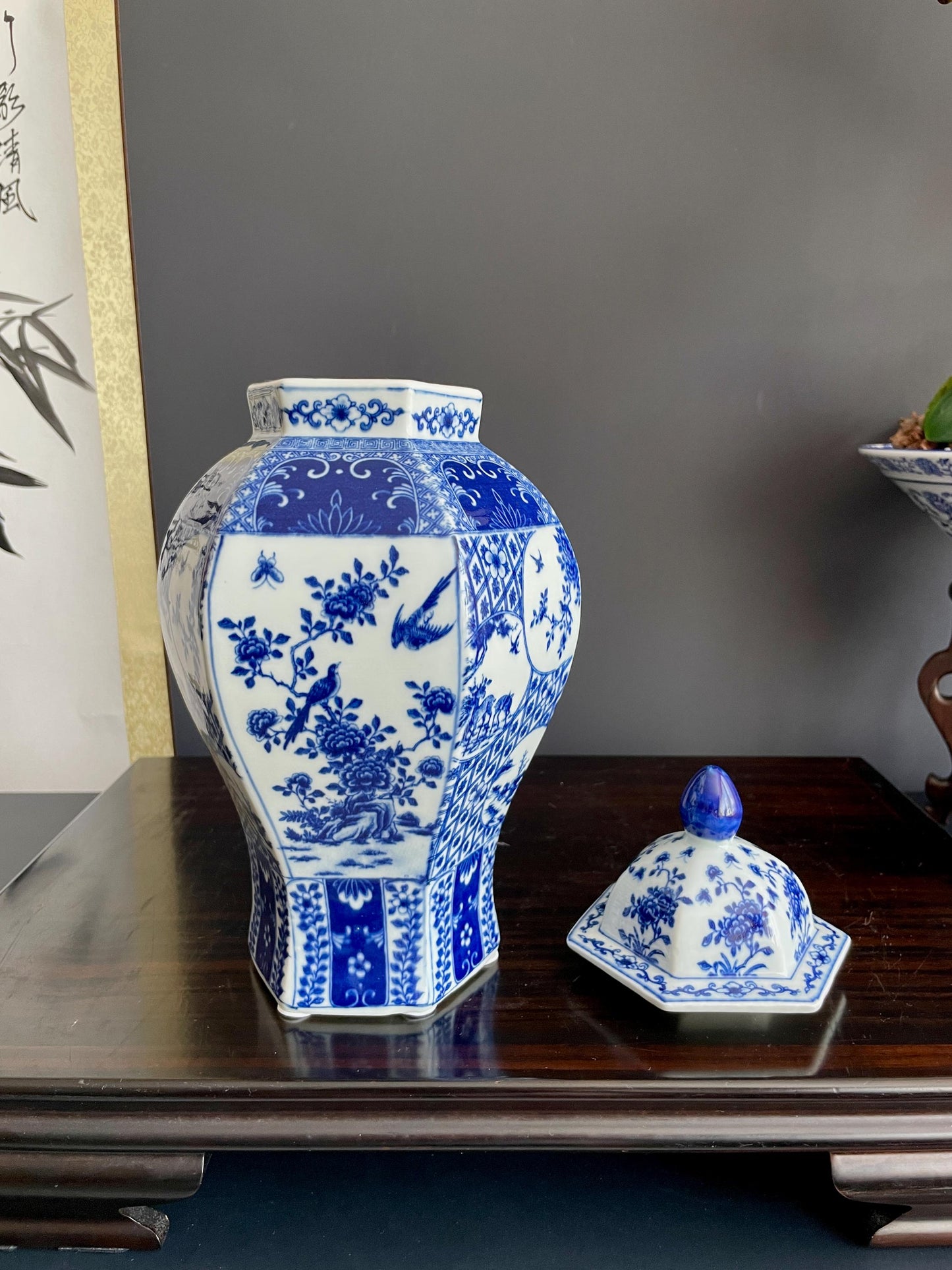 Hand Crafted Blue & White Hexagon Porcelain Vase with Lid | Six Sided 30cm Ceramic Temple Jar | Unique Multi Panel Chinoiserie Decor