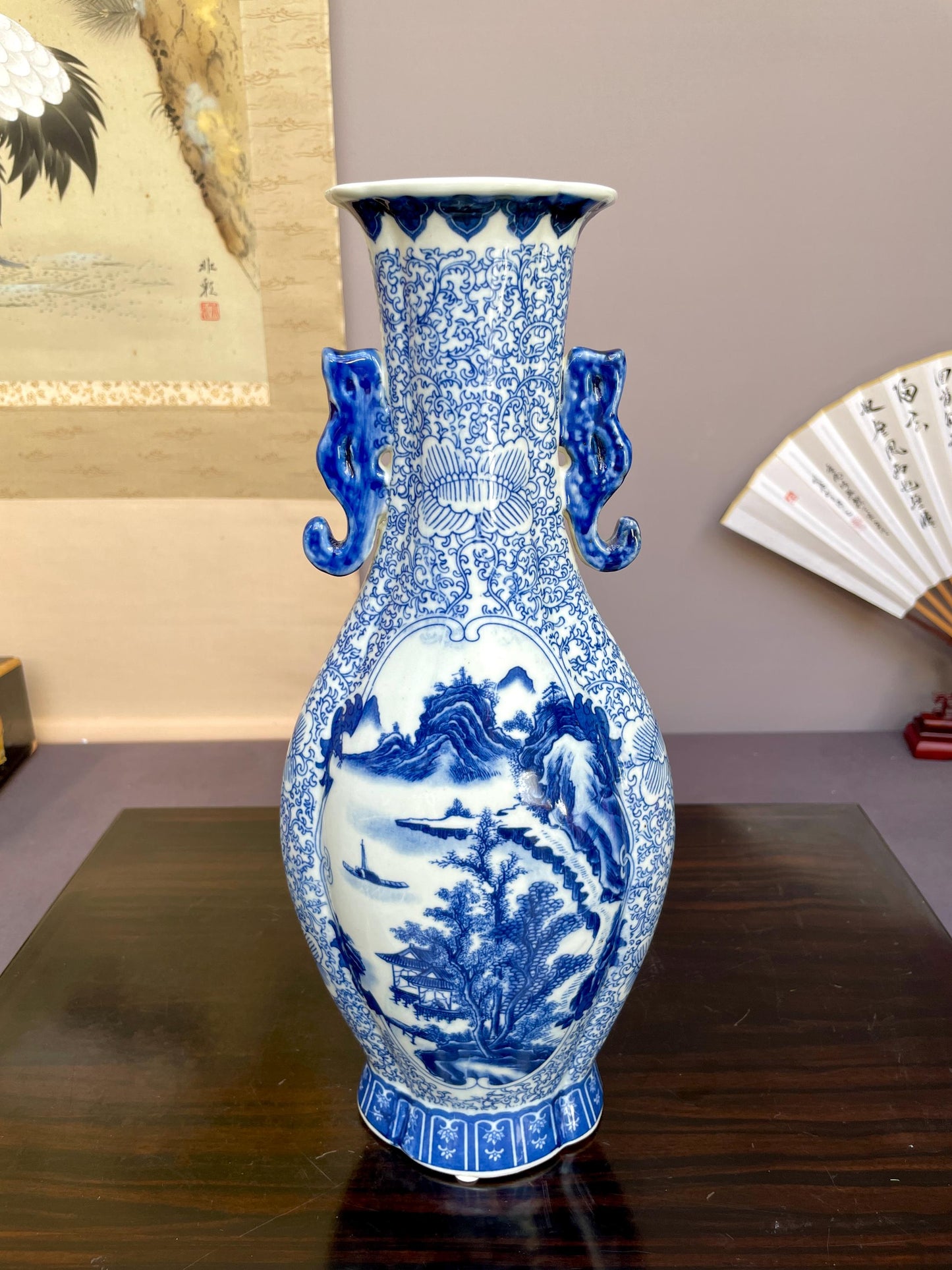 Blue and White Landscape Vase Ceramic Chinoiserie Baluster Vase Porcelain Temple Vase Oriental Mountain Scene Pottery Large Console Decor