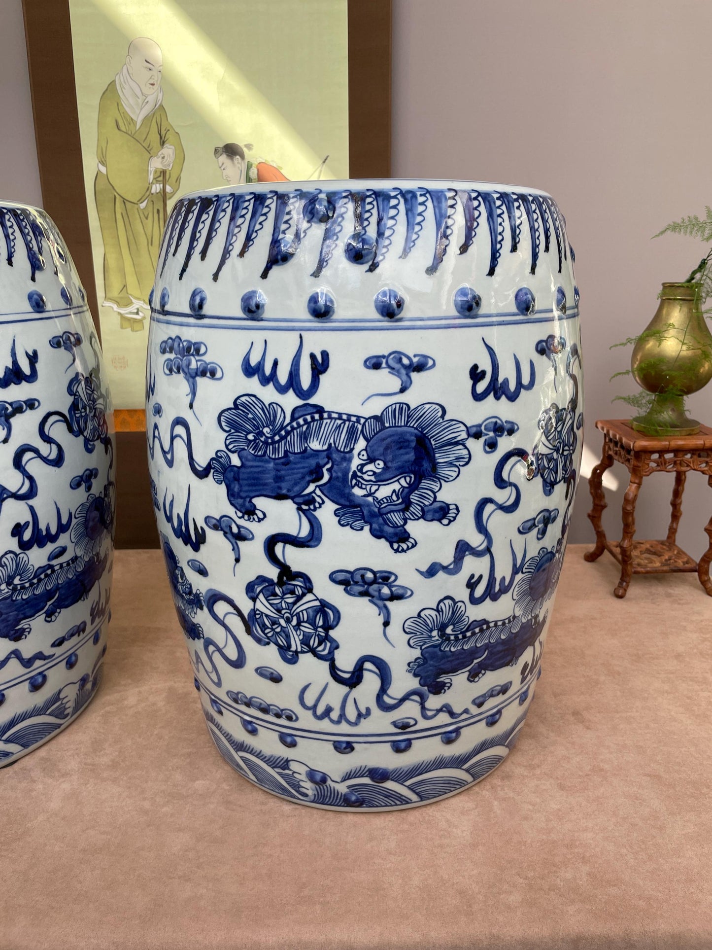 Large Blue and White Porcelain Garden Stool 100% Hand Painted Foo Dog Ceramic Seat, Chinoiserie Drum Stool, Guardian Lion Side Table Heavy.