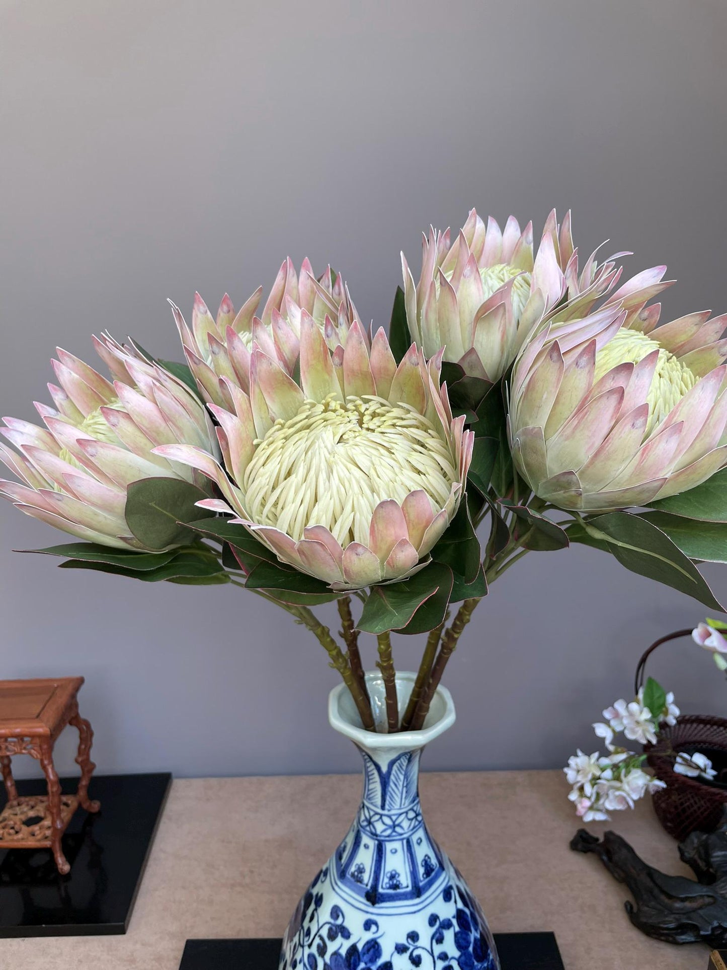 Giant Artificial Blush Pink King Protea Stem - Faux Pale Green & Pink Bloom - Exotic Tropical/Coastal Flower Head Decor(73cm)