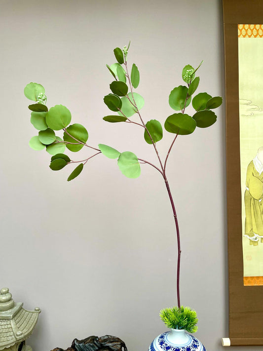 Lifelike Green Eucalyptus Spray, Faux Seeded Foliage, Red Stem Greenery, Chinoiserie Vase Filler, Tropical Botanical Home Decor