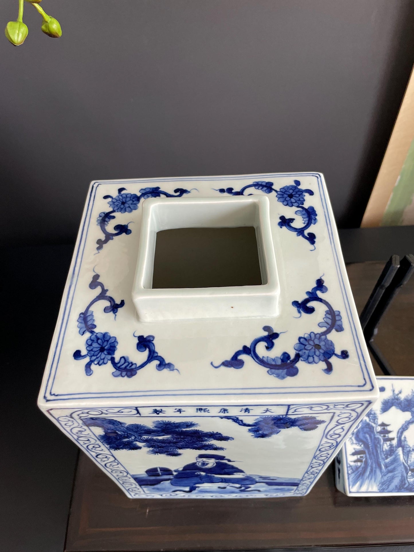 Hand-Painted Blue  White Square Xiang Qi Porcelain Vessel with Lid Imperial Kangxi Style Scholar  Pine Tree Motif  app 30cm