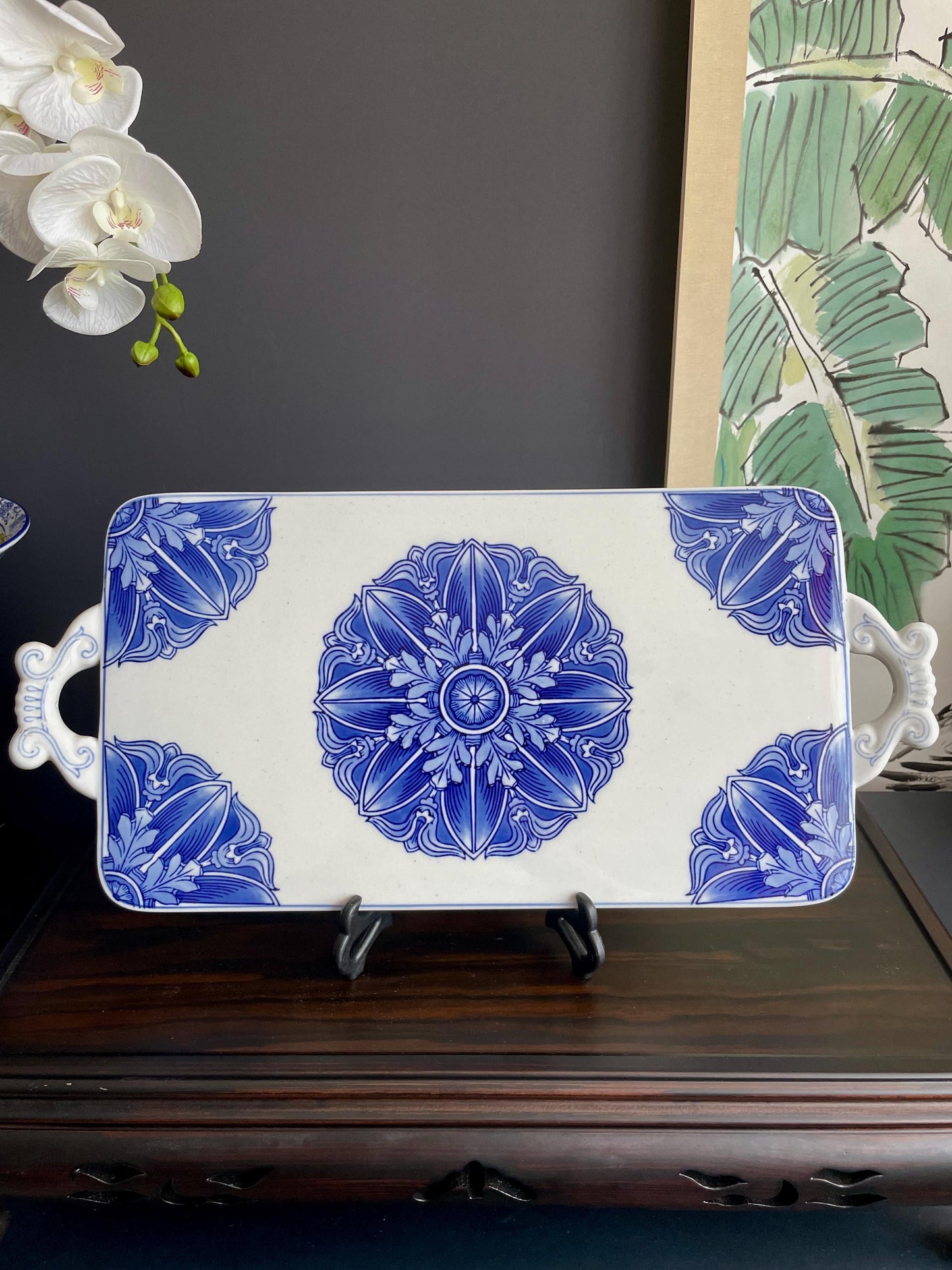 Large Blue & White Ceramic Serving Tray • Handcrafted Porcelain Board with Artisanal Floral Motif Heavy, Smooth, collector Quality Tablewar