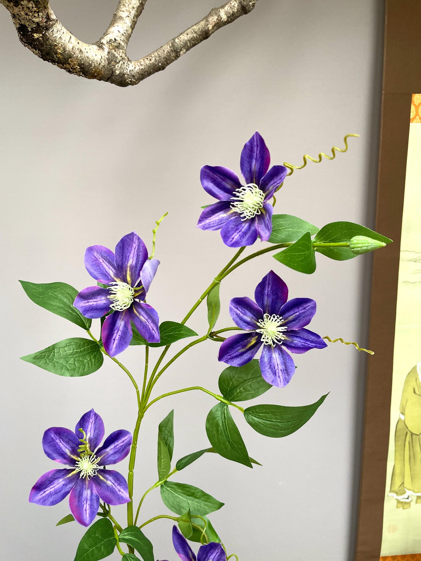 Realistic Deep Purple Clematis Branch Faux Queen of Climbers Silk Flower Zen Minimalist Aesthetic Fully Adjustable Violet Vine Stem Premium