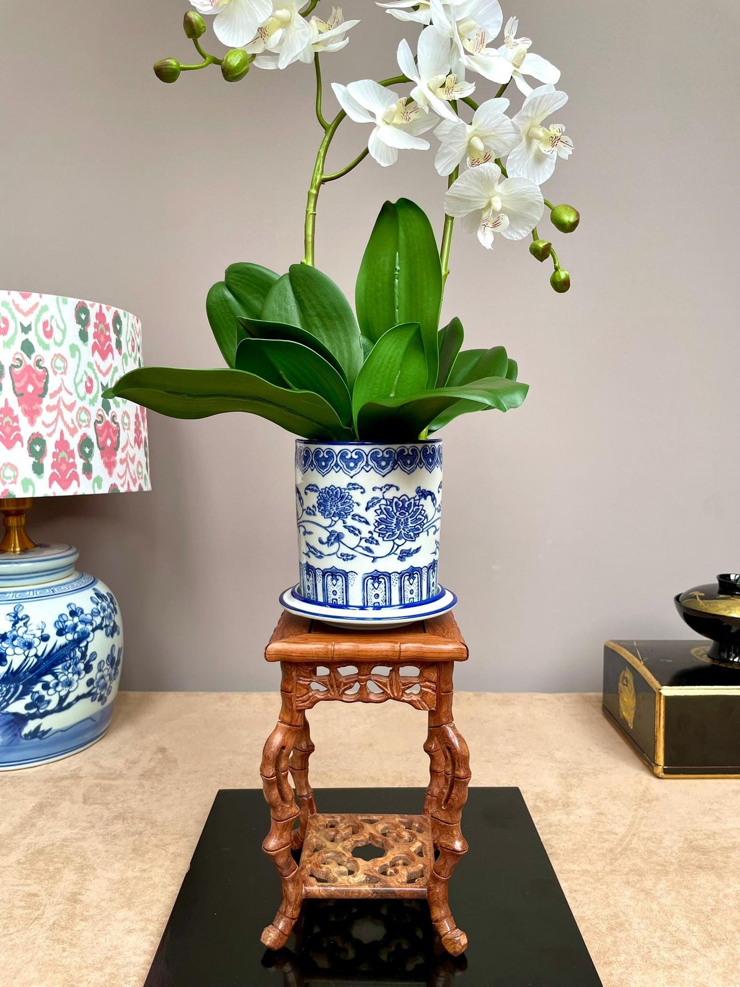Blue and White Chinoiserie Orchid Planter with Saucer: Elegant Ceramic Flower Pot