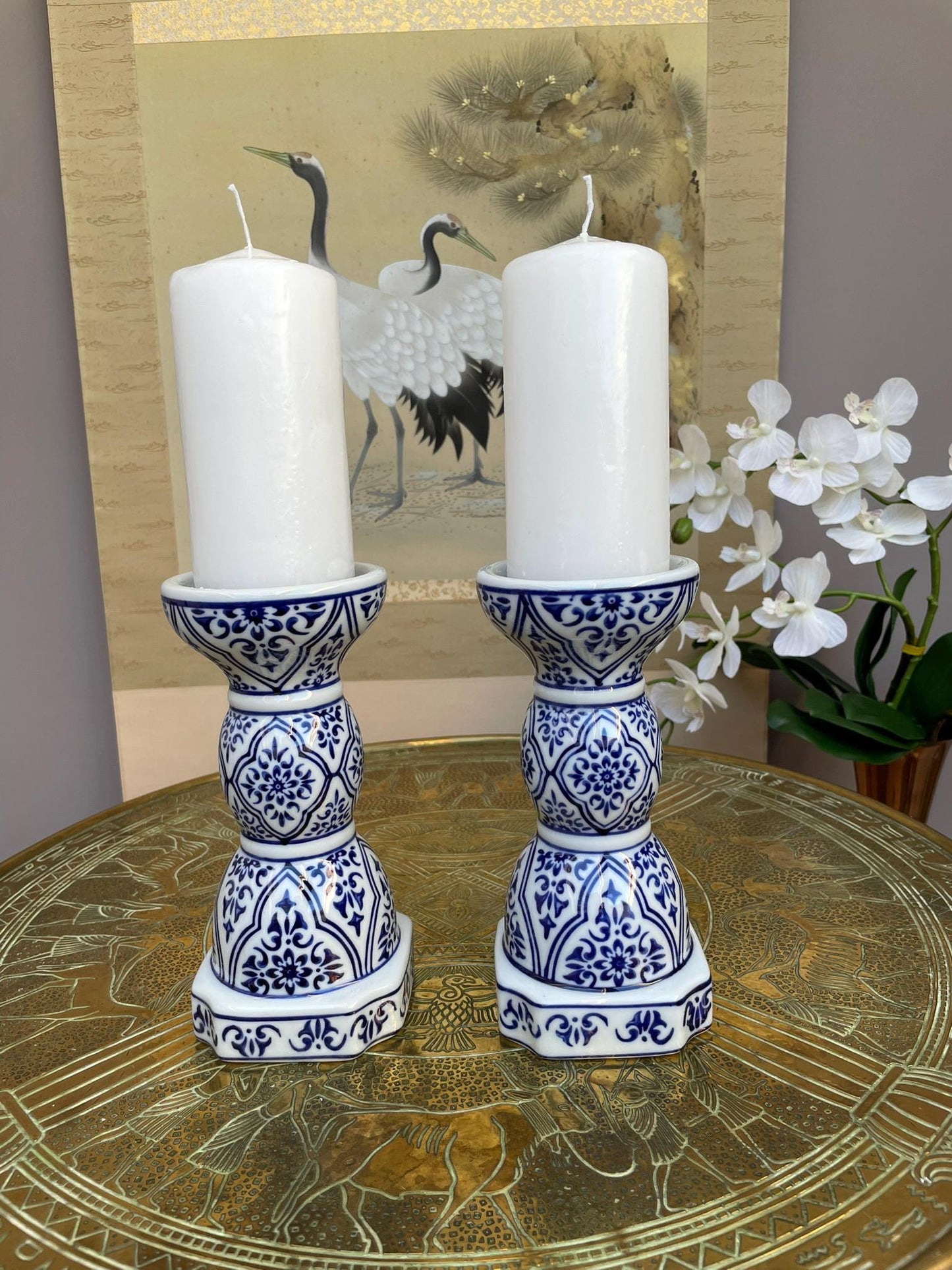 Blue and White Candlesticks Pair, Chinoiserie Taper Holders, Geometric Floral Porcelain, Grandmillennial Wedding Centerpiece, Hamptons Style