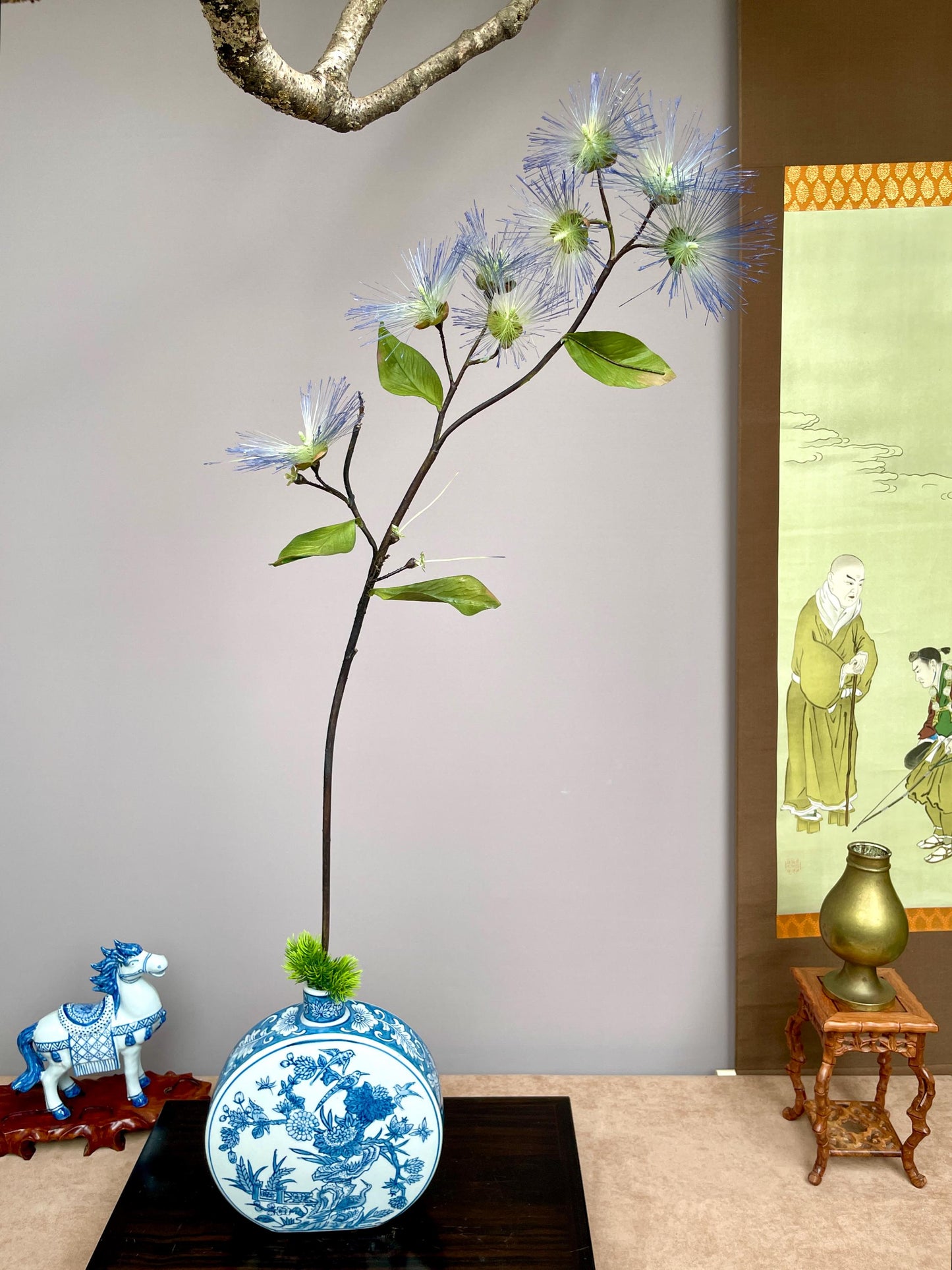 Realistic Blue Powder Puff Flower Branch - Artificial Calliandra Silk Tree Stem Zen Minimalist Home Decor Blue Pom Pom Branch High-End Faux