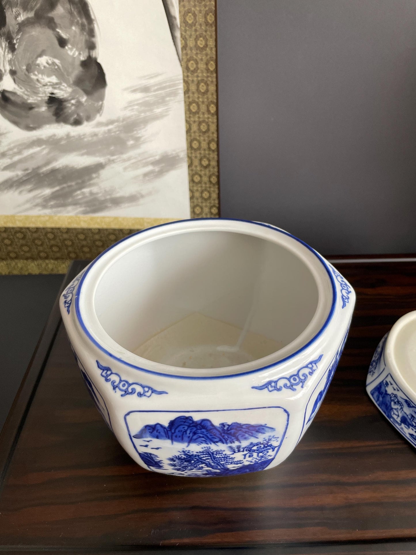 Blue and White Porcelain Planter Set | Hand-Crafted Chinoiserie Ceramic Cachepot | 2 Piece Decorative Plant Pot for Indoor Flowers