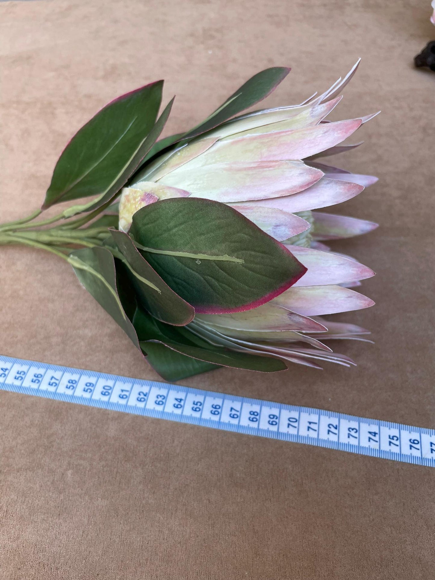 Giant Artificial Blush Pink King Protea Stem - Faux Pale Green & Pink Bloom - Exotic Tropical/Coastal Flower Head Decor(73cm)