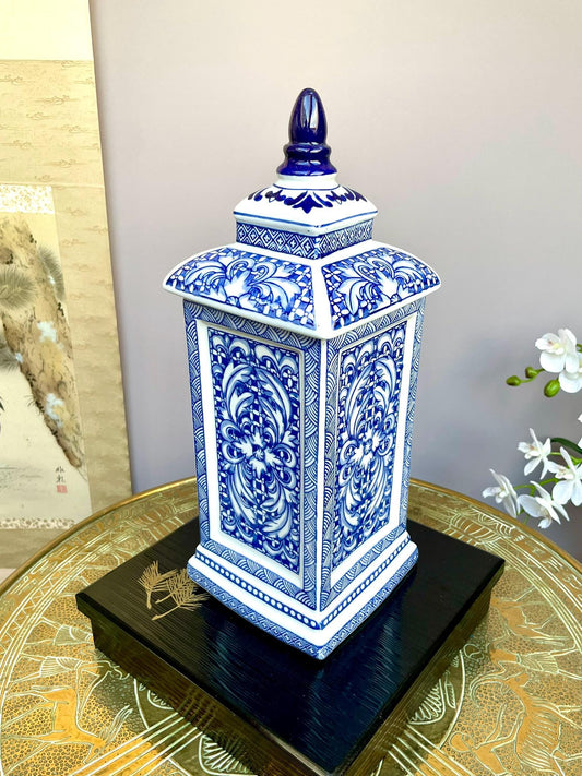 Tall Blue and White 4-Sided Ginger Jar with Lid – Hand-Painted Ceramic Temple Jar, Floral Scroll Design, Decorative Chinese Style Vase, 38cm