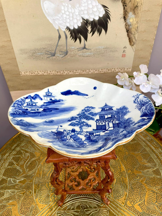 Blue and White Porcelain Dish - Hand Painted Landscape with Pagoda & Pine - Scalloped Iron-Oxide Rim - Fine Asian Home Decor