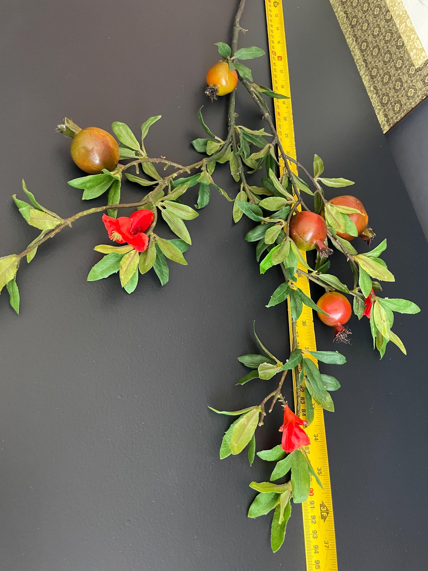Architectural Faux Greenery Branch | Artisanal Artificial Pomegranate Stem | Vibrant Botanical Accent for Eclectic Interiors