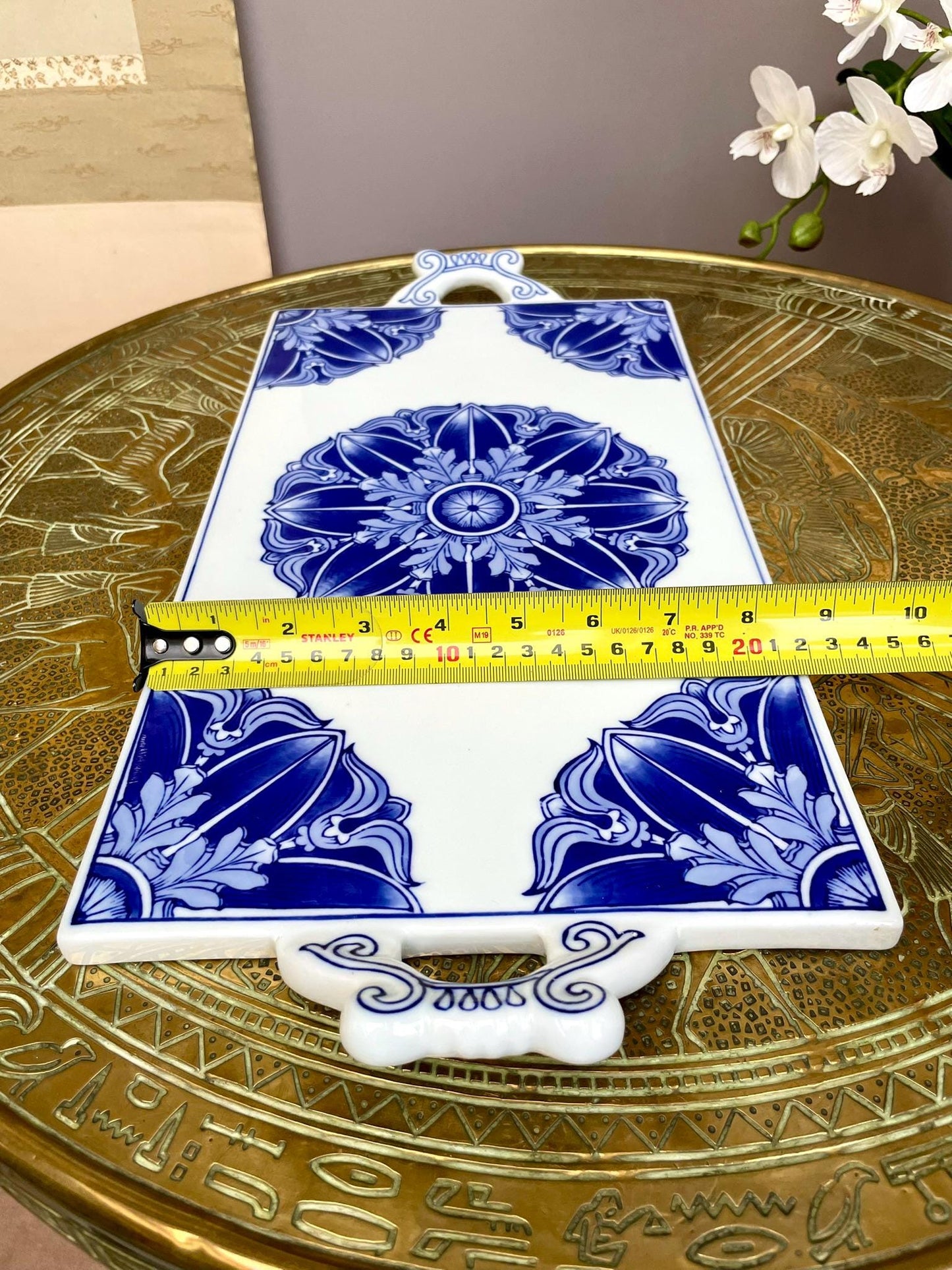 Large Blue & White Ceramic Serving Tray • Handcrafted Porcelain Board with Artisanal Floral Motif Heavy, Smooth, collector Quality Tableware