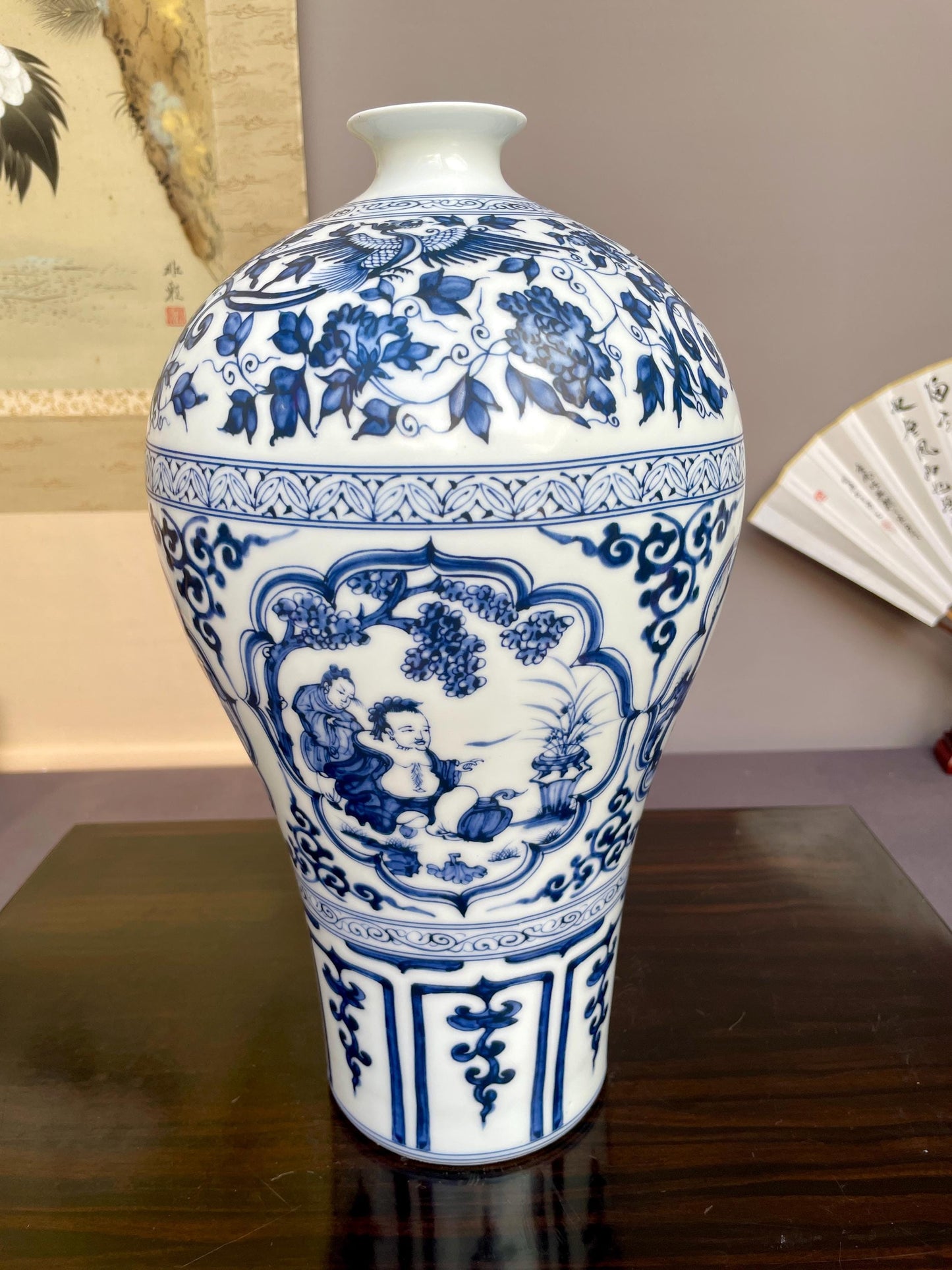Hand Painted Blue and White Meiping Vase Porcelain Plum Vase Ceramic Chinoiserie Figural Motif Luxury Oriental Art Fine Pottery Centerpiece