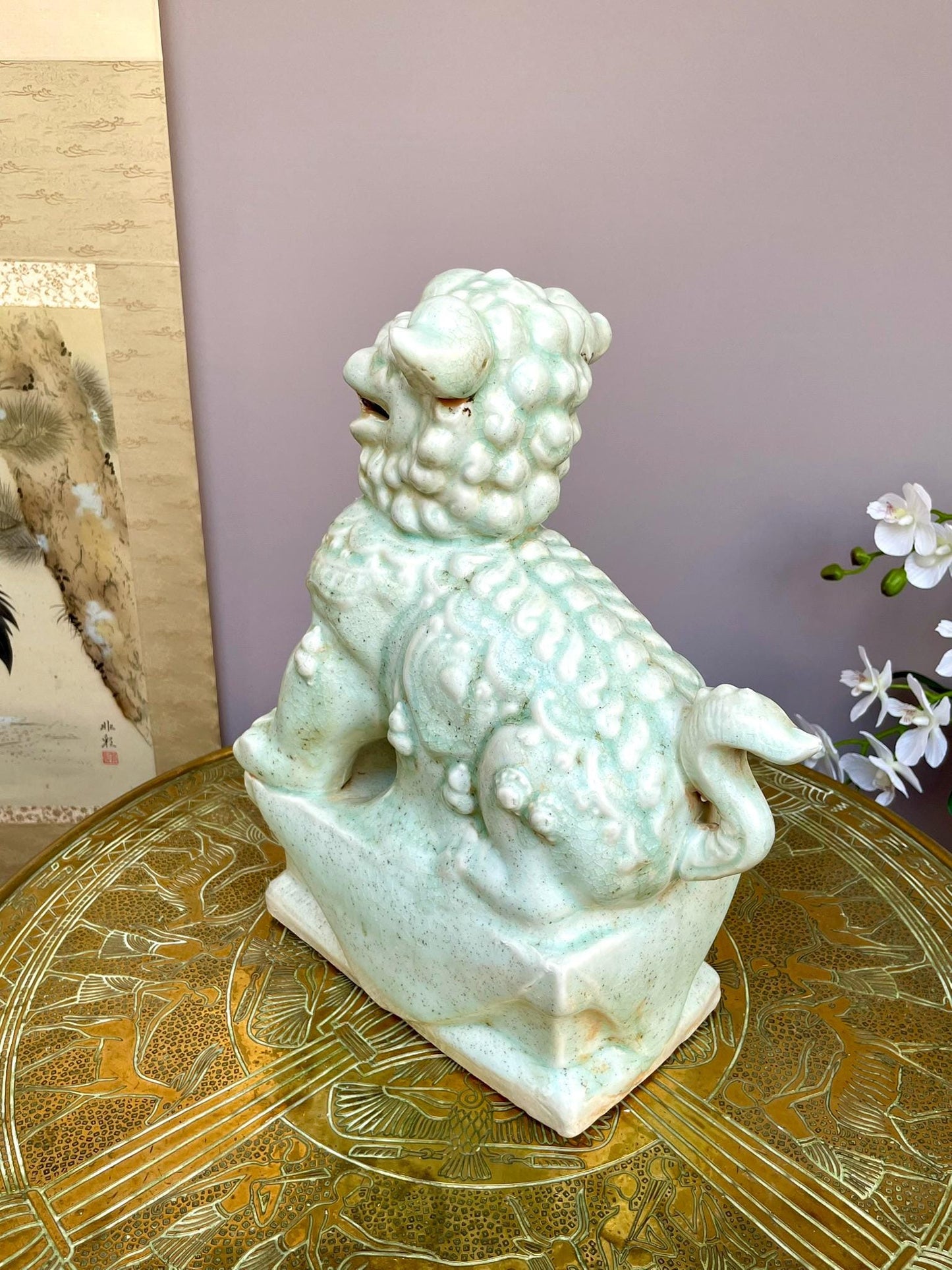 Ru-Style Celadon Foo Dog Sculpture | Celadon Guardian Lion | Chinese Art Decor | Scholar’s Studio Ornament | Ceramic Home Decor