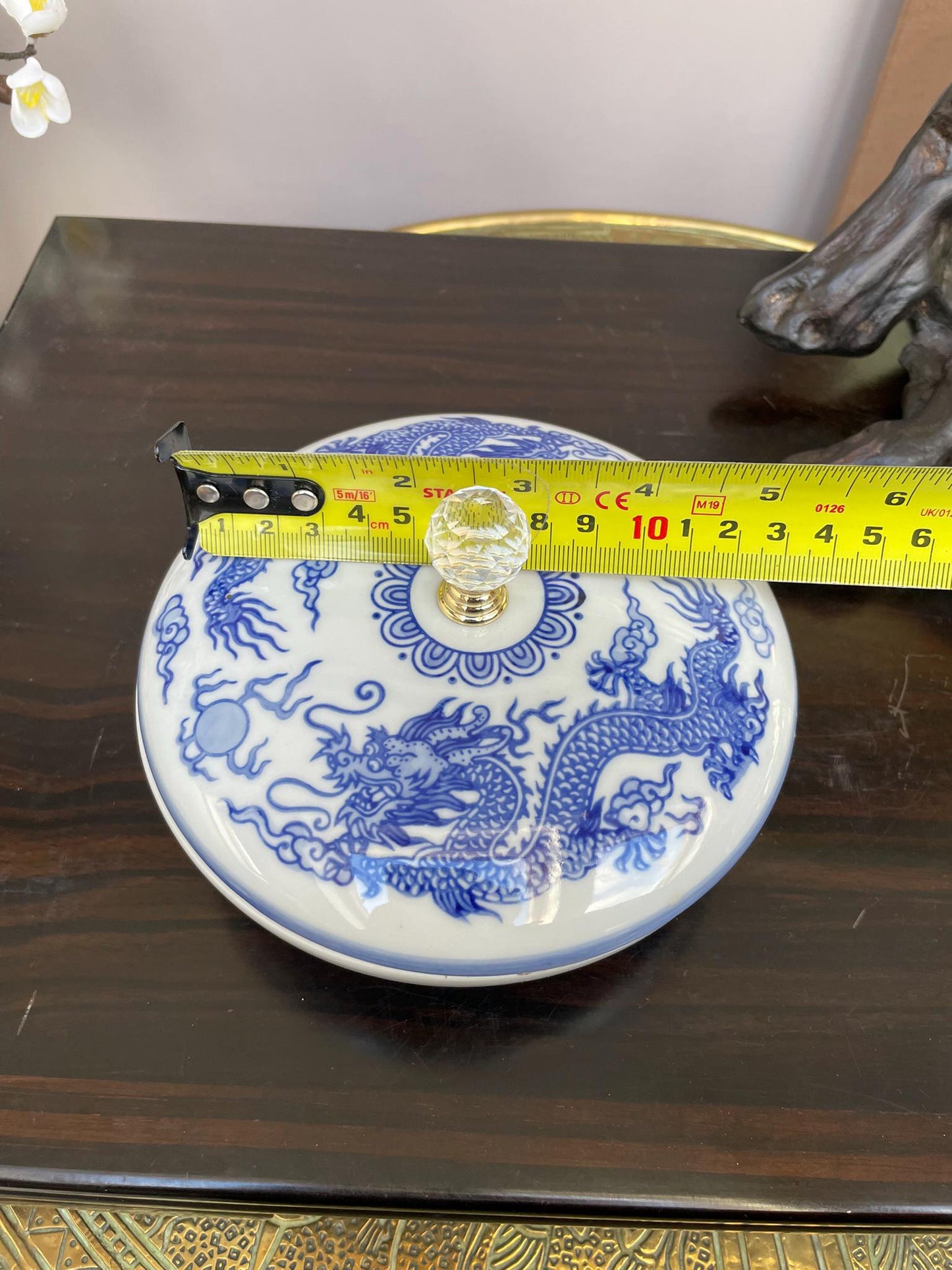 Hand-Crafted Blue and White Porcelain Dragon Jewellery Box - Lidded Trinket Jar with Crystal Knob - Chinoiserie Décor for Precious Item
