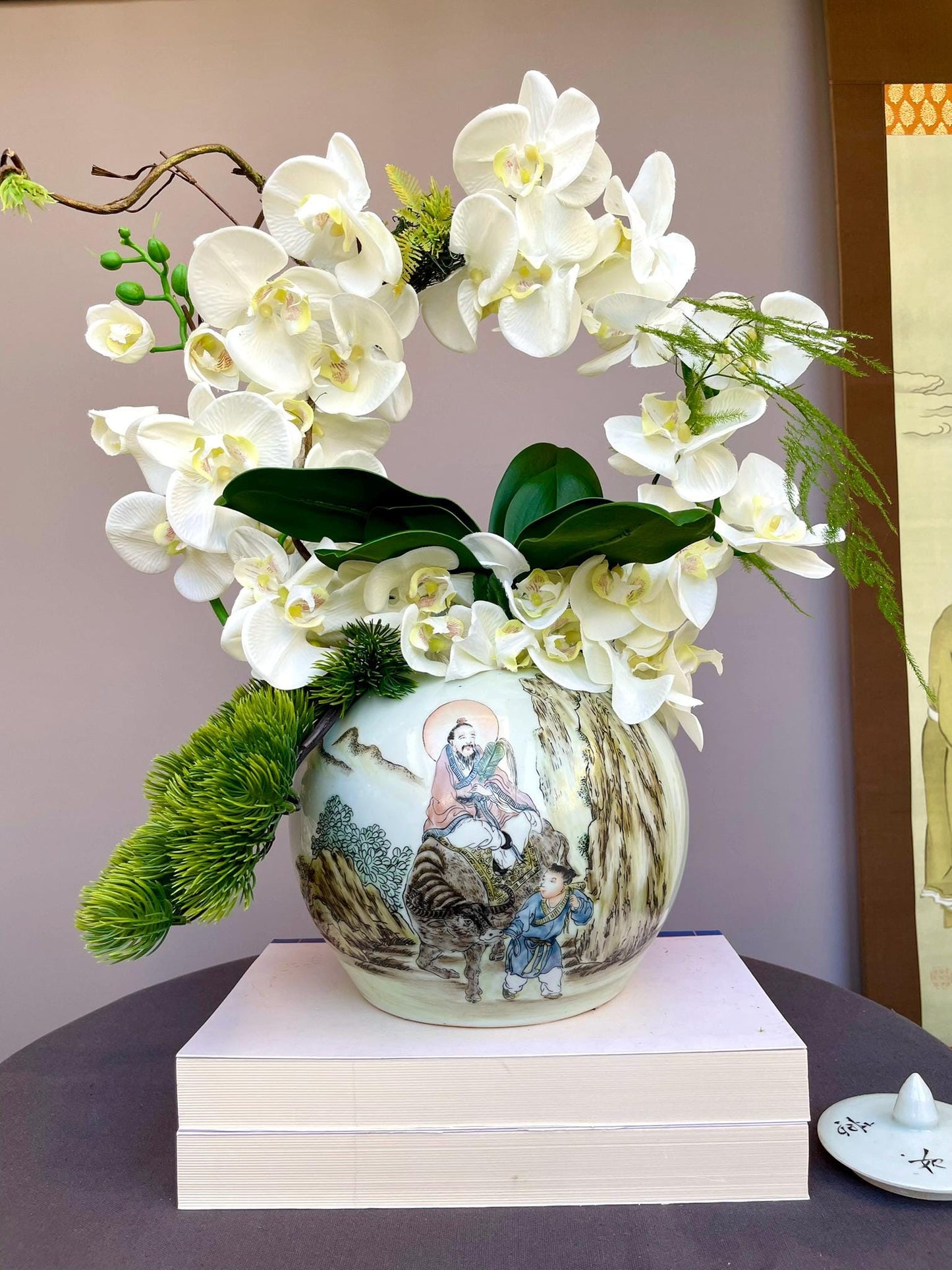 Hand-Painted Qianjiang Cai Porcelain Jar with Lid - Scholar & Immortal Landscape - Large Hand-Crafted Chinese Calligraphy Ginger Jars