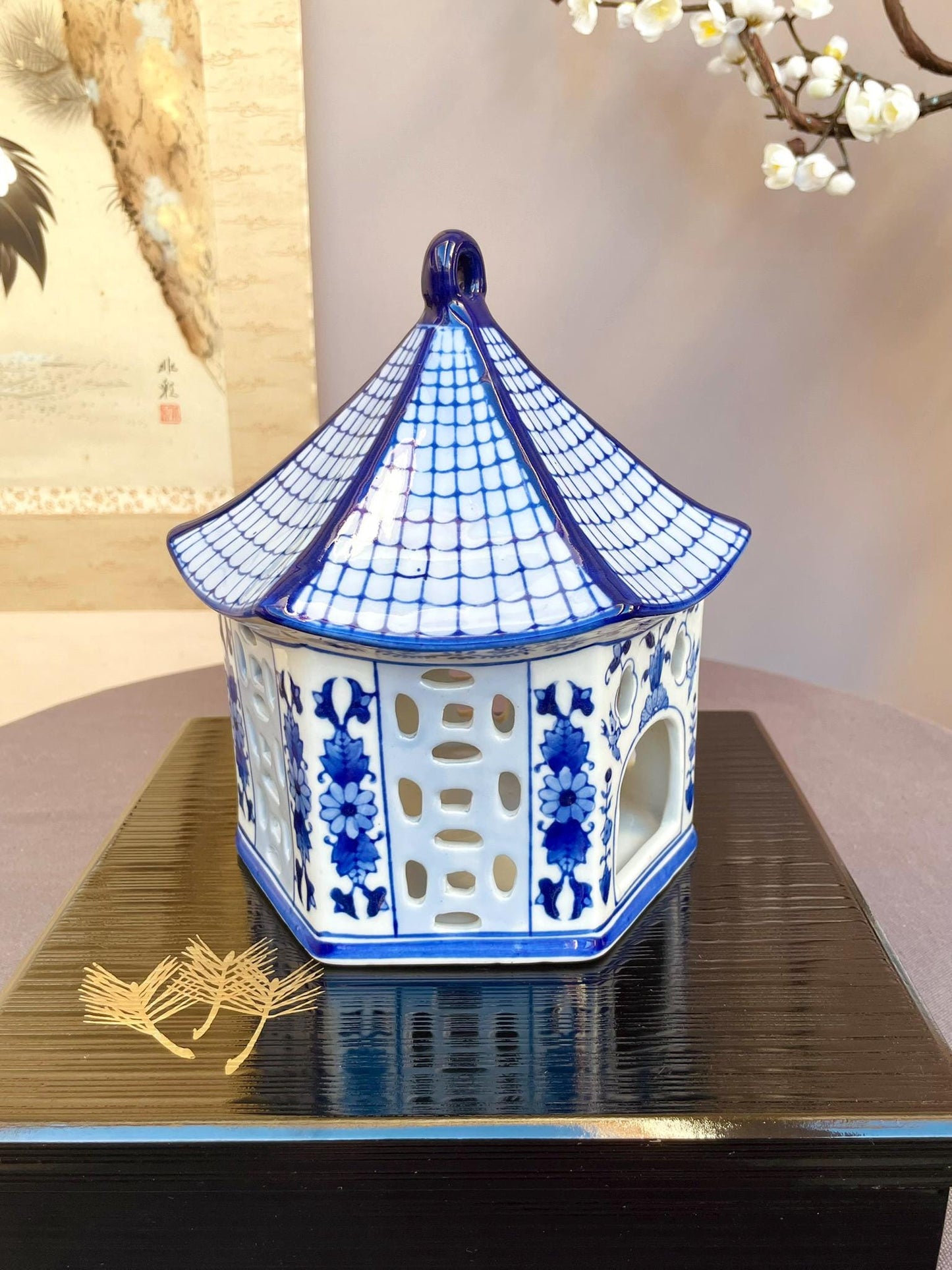 Blue and White Porcelain Pagoda Candle Holder | Handcrafted Ceramic Lantern Elegant Home Décor Accent | Curved Roof Design Tea Light Holder