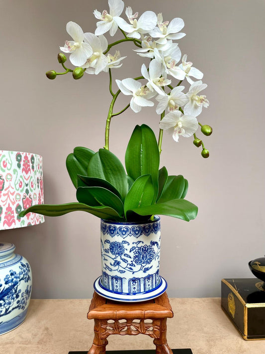 Blue and White Chinoiserie Orchid Planter with Saucer: Elegant Ceramic Flower Pot