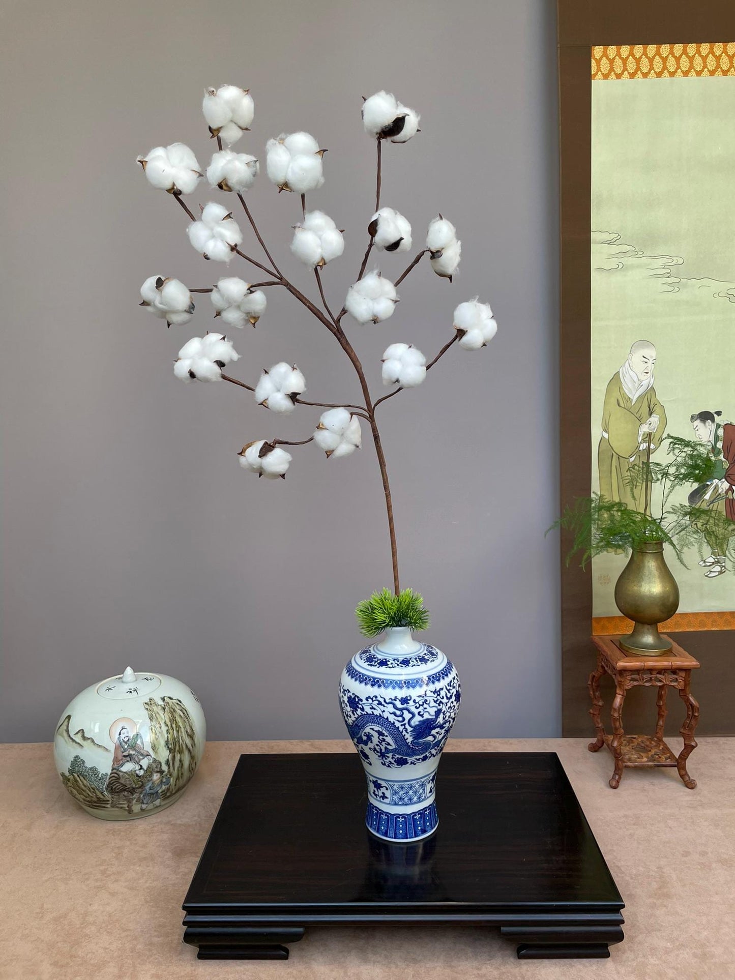 Hand-Crafted Artificial Cotton Branch with Natural Shells - Rustic Farmhouse Decor - Realistic Faux Cotton Stem for Minimalist Home Accents