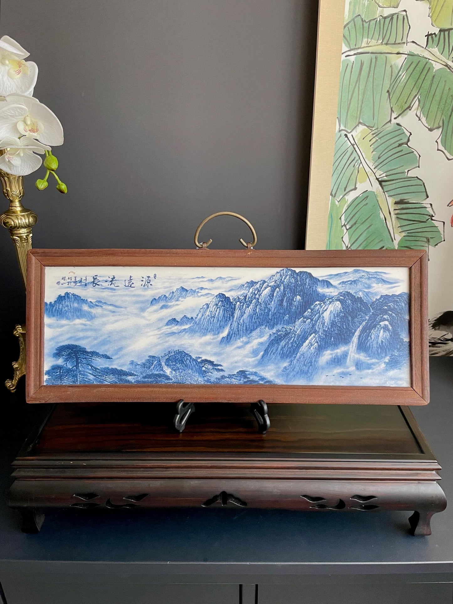 Hand-Crafted Blue & White Porcelain Landscape Plaque | Framed "Yuan Yuan Liu Chang" Shan Shui Wall Art Screen (54cm x 20cm)