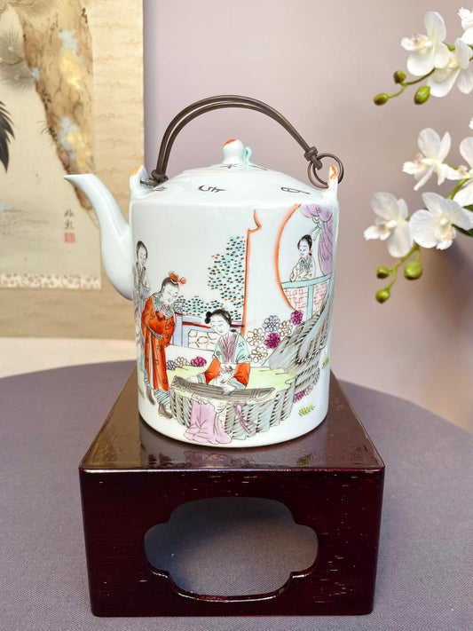 Hand-Painted Chinese Porcelain Teapot | Famille Rose Scene | Vintage Decorative Teapot with Calligraphy | Collectible Post-1960s Ceramic Art
