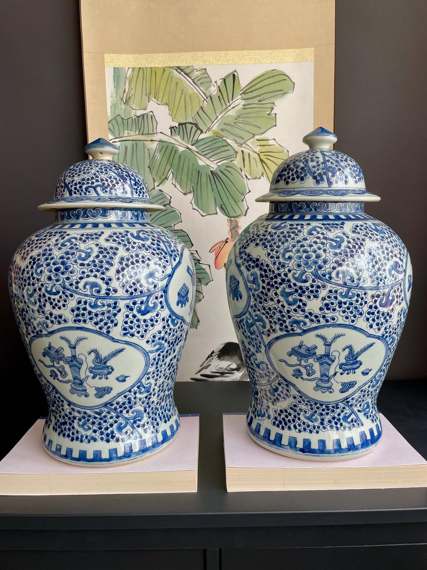Monumental 50cm Hand-Painted Blue White Temple Jar Pair | Super-Sized Prunus & Antiquities Motif Covered Ginger Jars