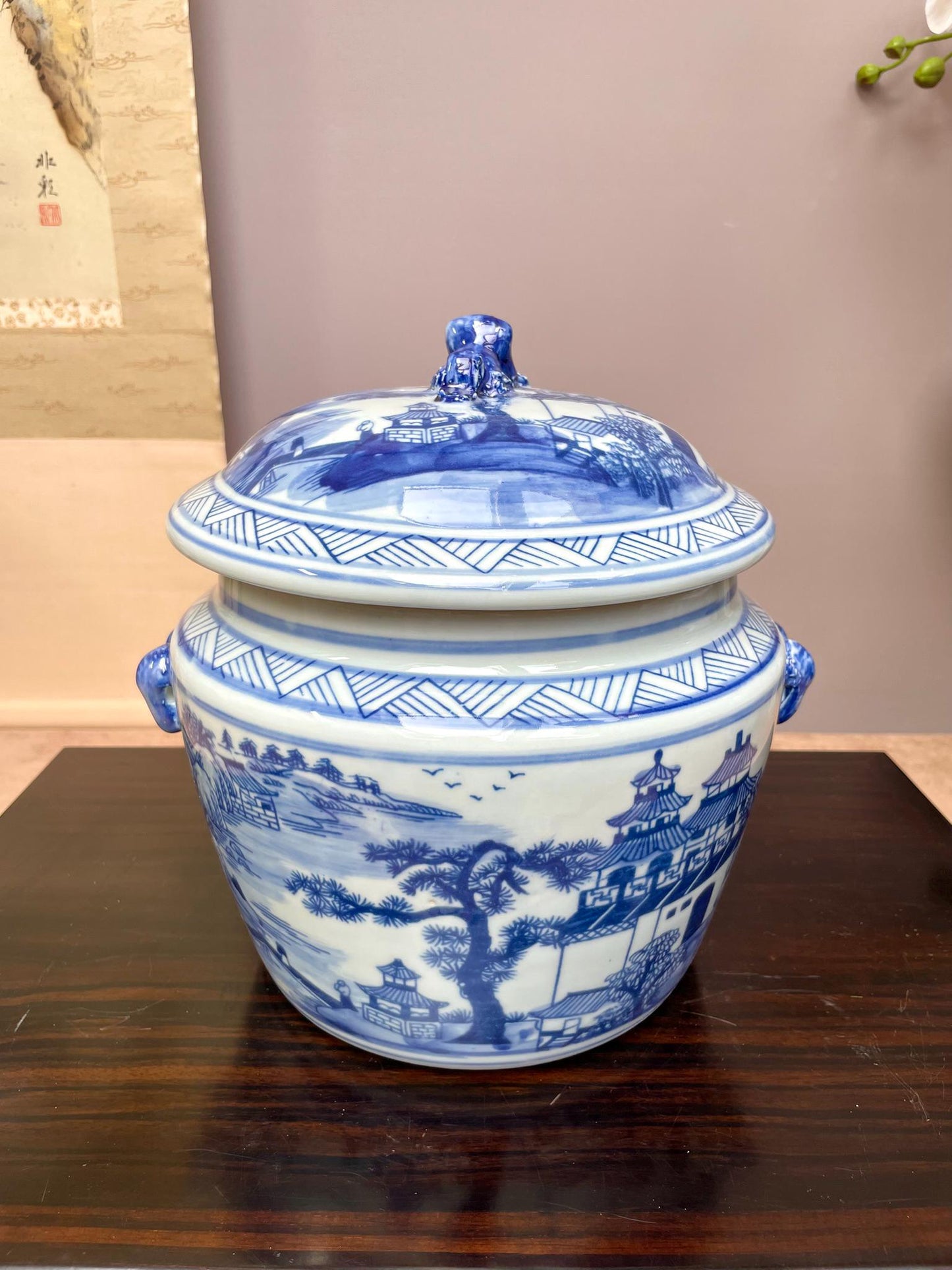 A Pair of Blue & White Porcelain Ginger Jar– Hand-Painted Pagoda Landscape