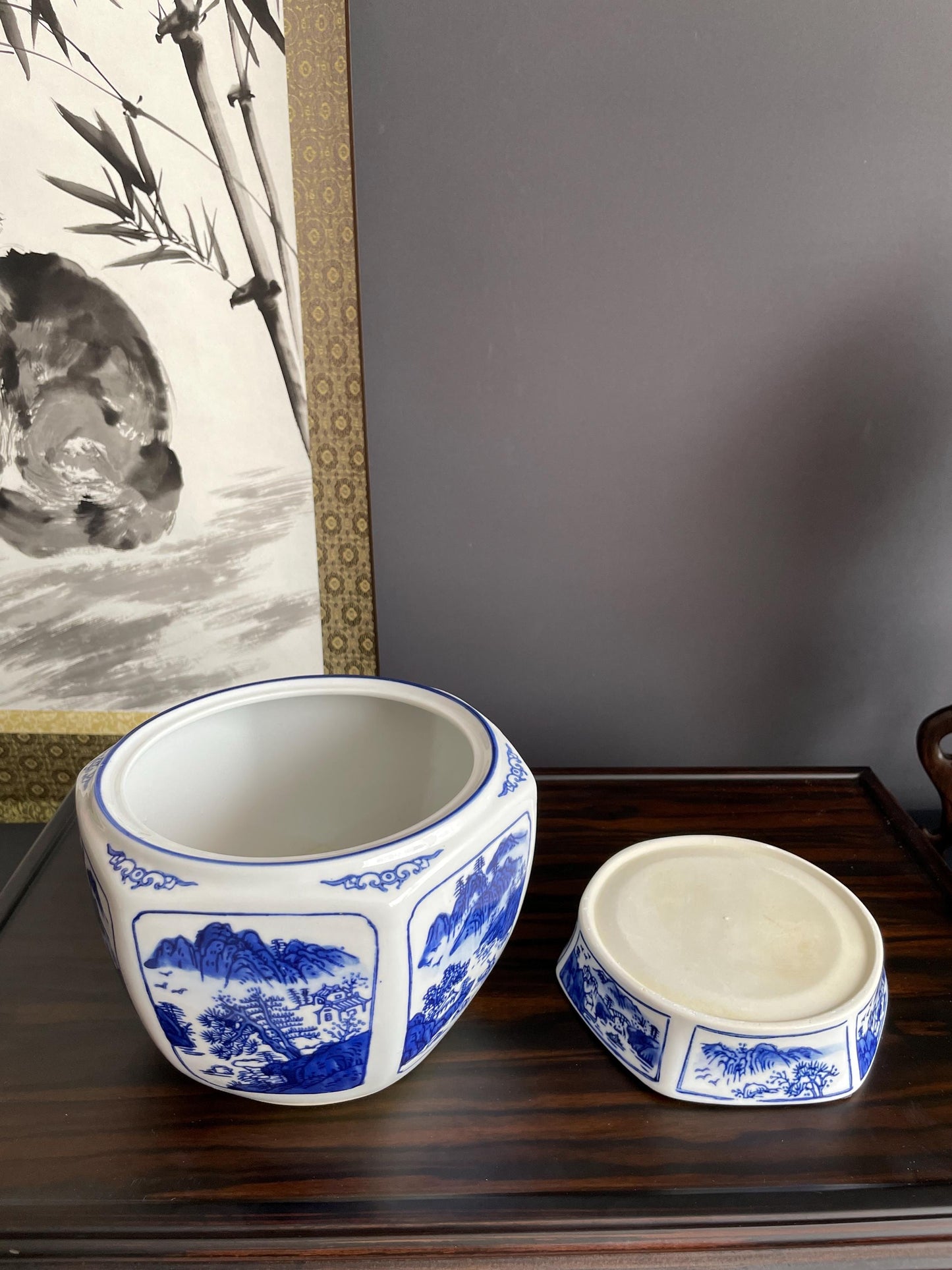 Blue and White Porcelain Planter Set | Hand-Crafted Chinoiserie Ceramic Cachepot | 2 Piece Decorative Plant Pot for Indoor Flowers