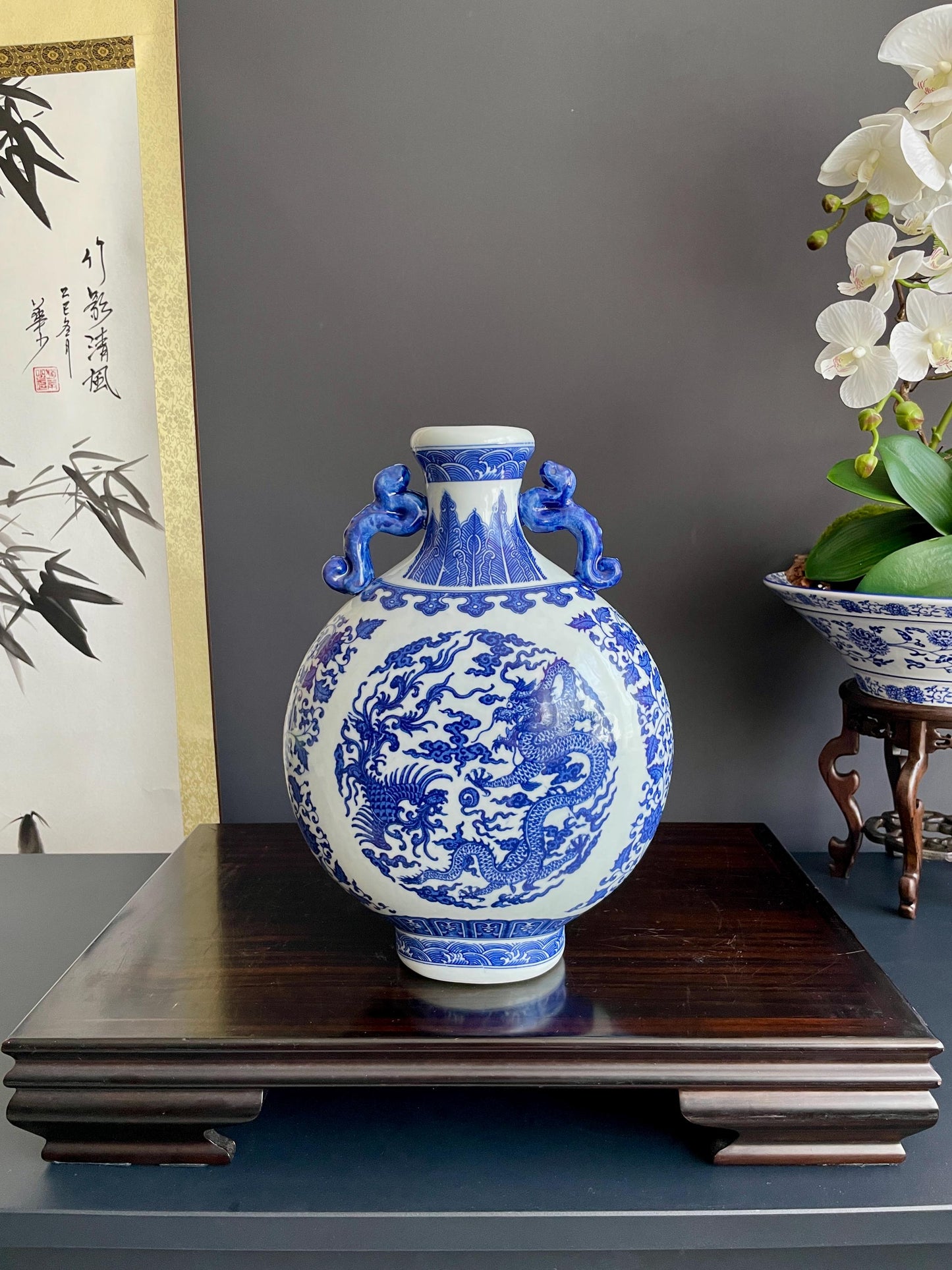 Hand Crafted Blue & White Moonflask Vase with Handles | 31cm Dragon Phoenix Porcelain Vessel Large Chinoiserie Collector Pottery