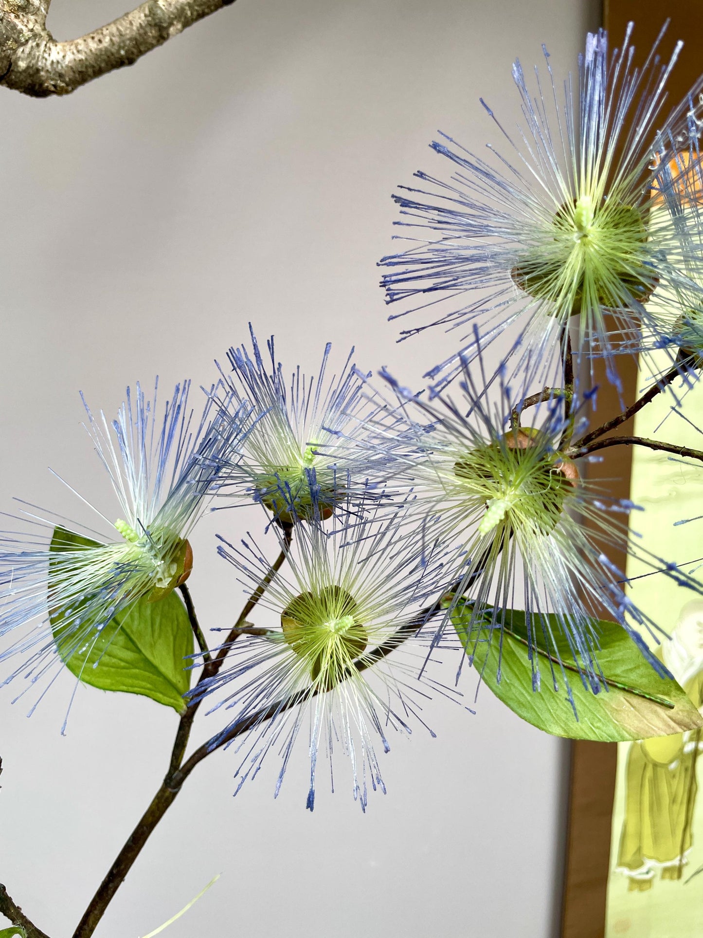 Realistic Blue Powder Puff Flower Branch - Artificial Calliandra Silk Tree Stem Zen Minimalist Home Decor Blue Pom Pom Branch High-End Faux