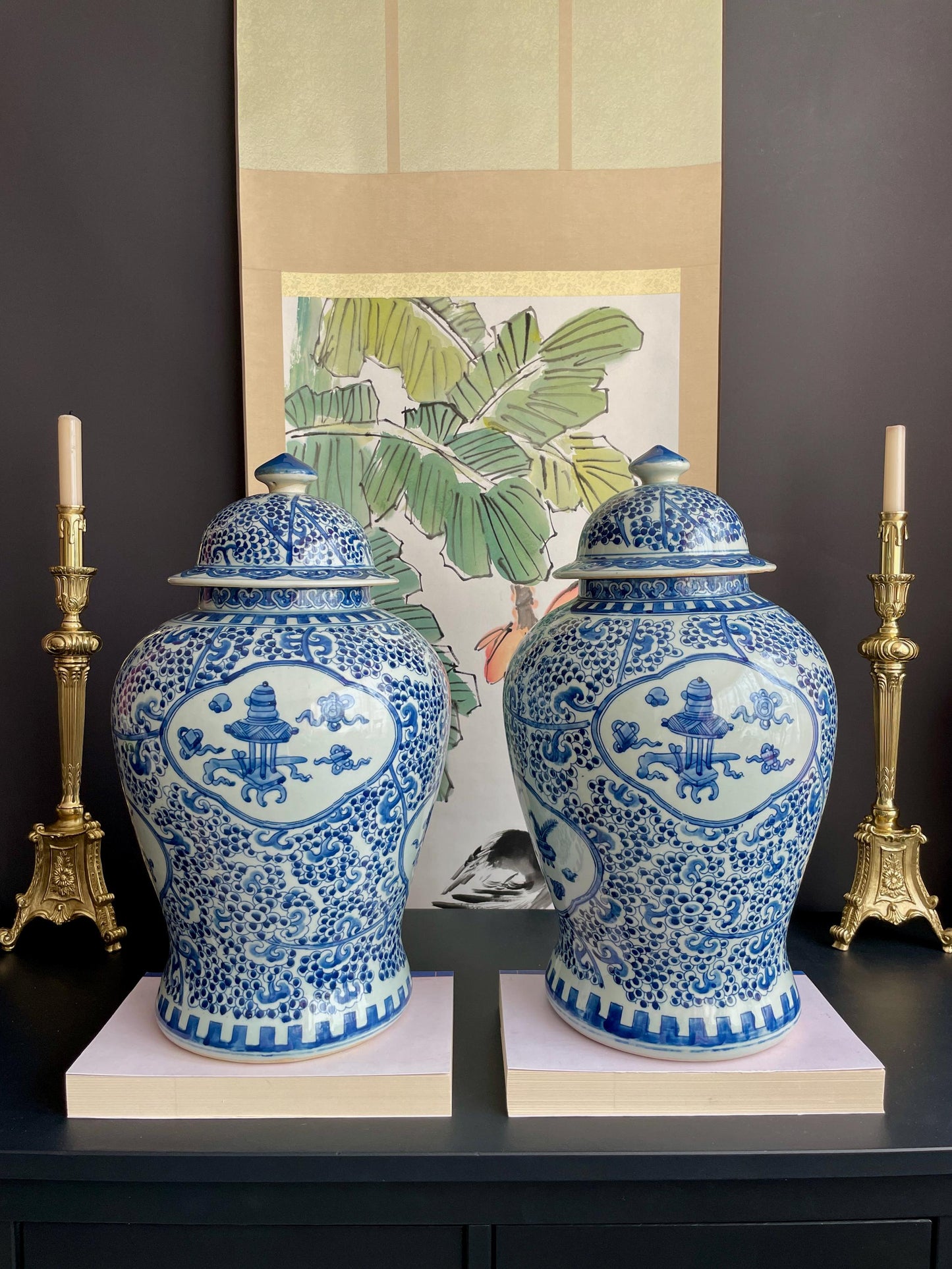 Monumental 50cm Hand-Painted Blue White Temple Jar Pair | Super-Sized Prunus & Antiquities Motif Covered Ginger Jars