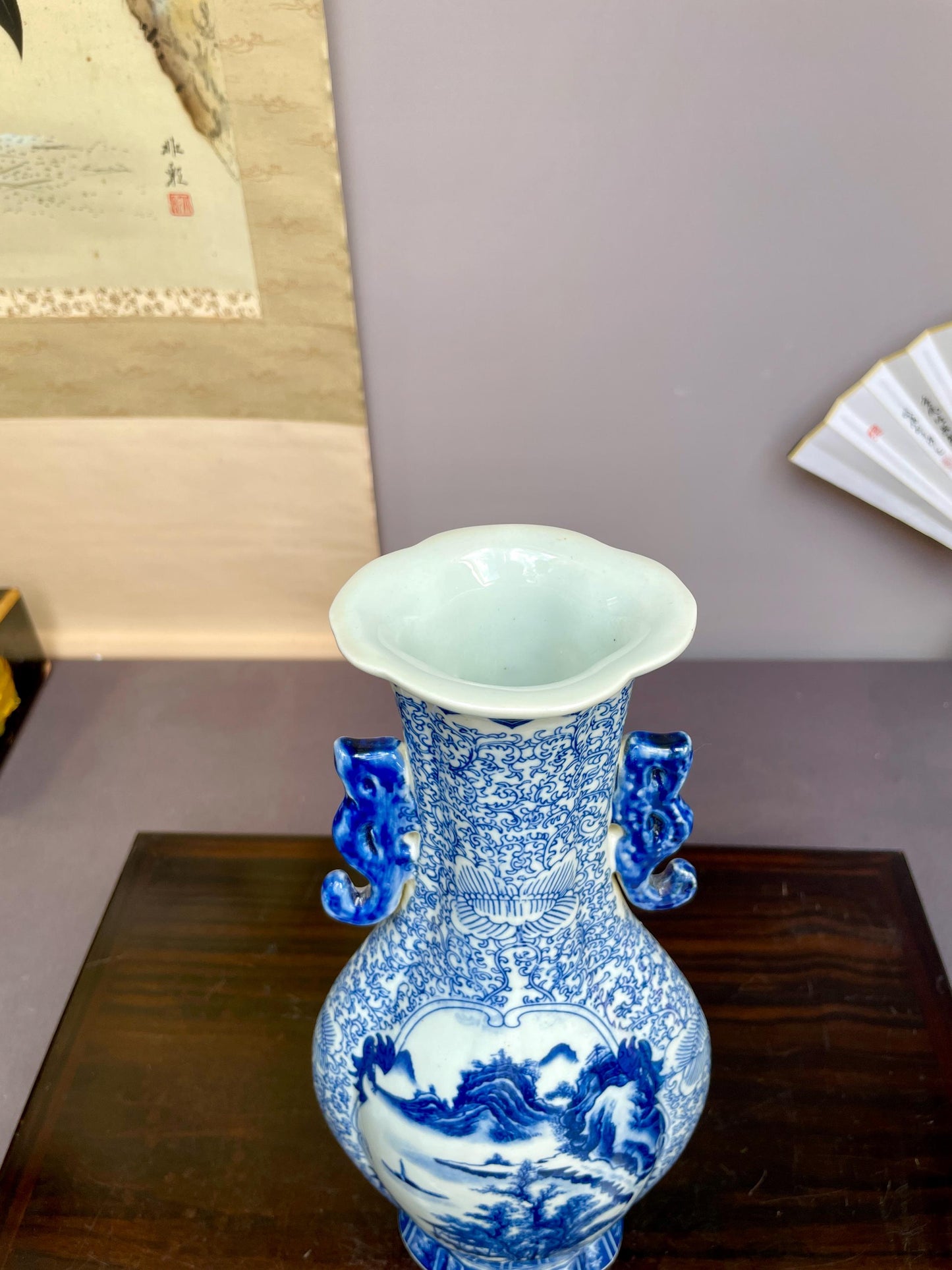 Blue and White Landscape Vase Ceramic Chinoiserie Baluster Vase Porcelain Temple Vase Oriental Mountain Scene Pottery Large Console Decor