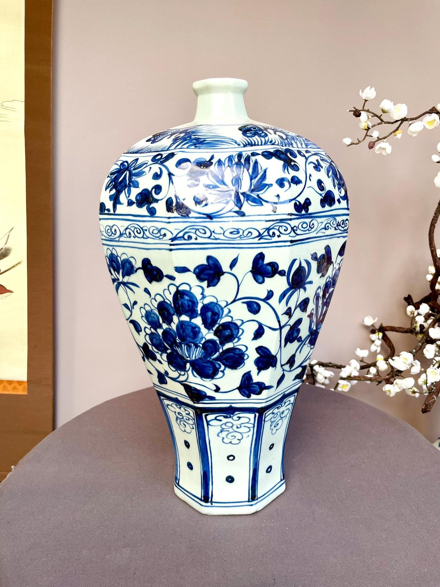 Large Blue and White Porcelain Meiping Vase – Classic Plum Vase Shape – Hand-Painted Floral Motifs Traditional Tall Collector Display Piece
