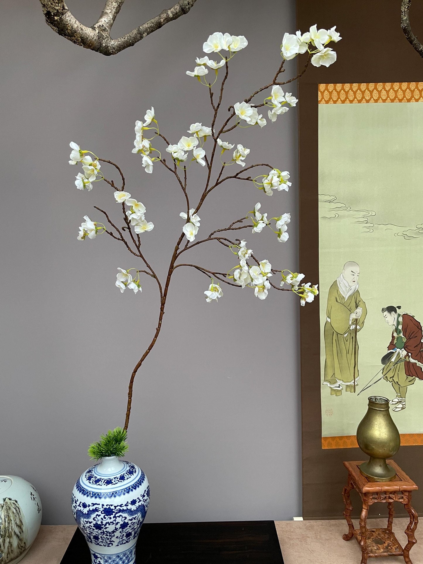 Realistic Faux White Plum Blossom Branch - Prunus Mume Artificial Silk Flower - Zen Minimalist Home Decor  Winter Plum Blossom Arrangement