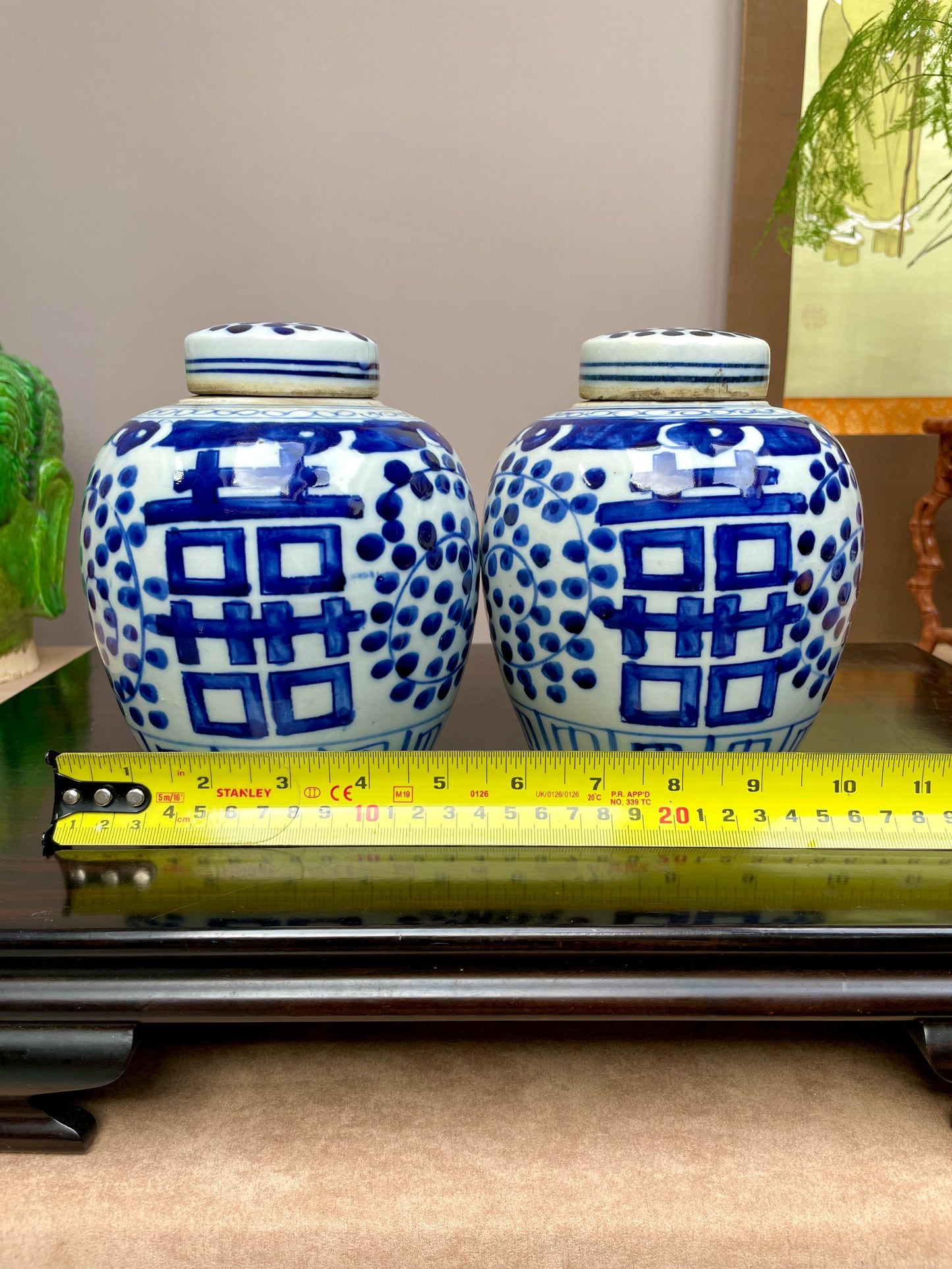 Pair of Blue and White Double Happiness Ginger Jars, hand painted Chinese Porcelain Tea Caddies with Lids, Chinoiserie Home Decor Weddings