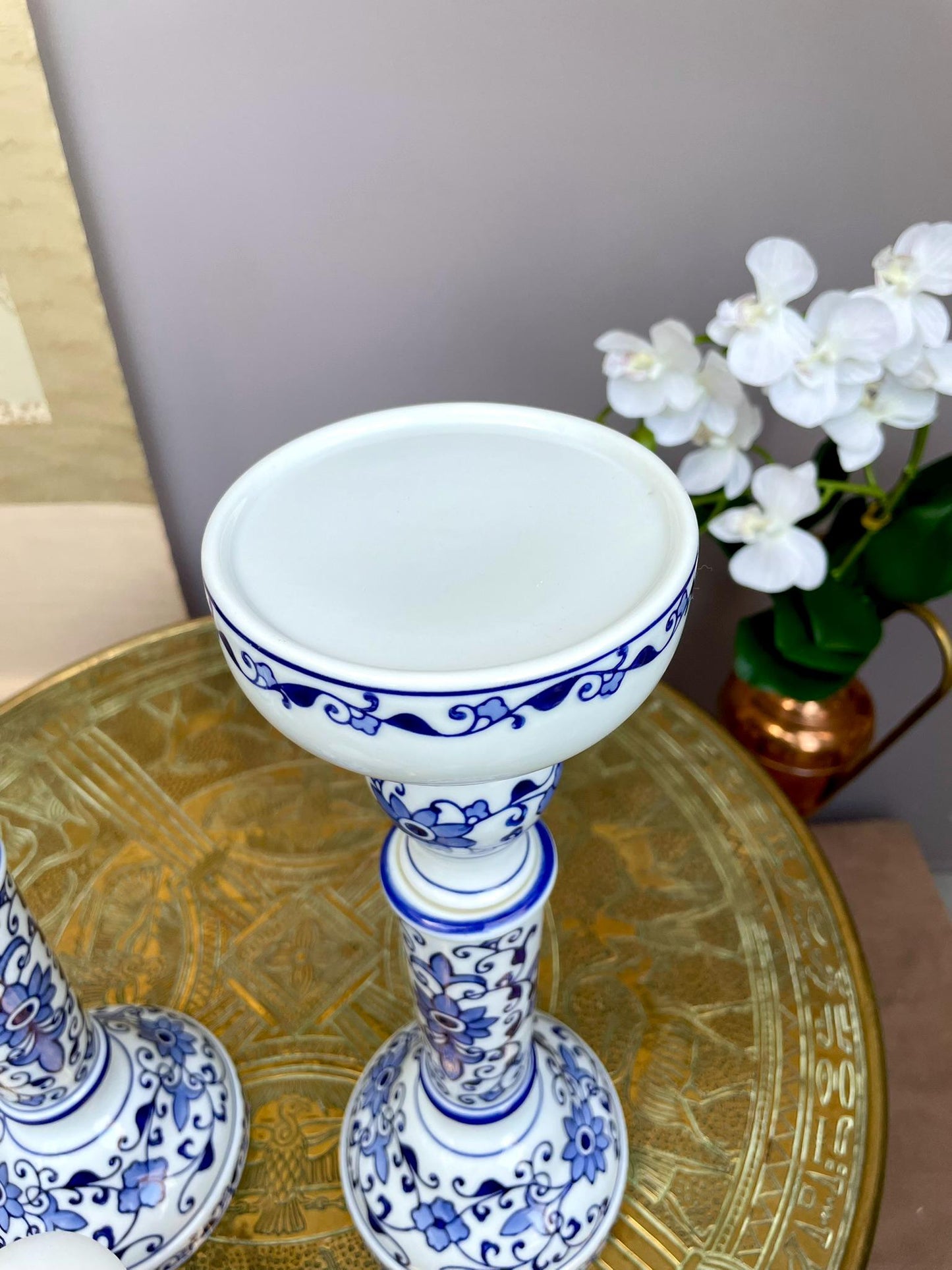 Fine Hand-Painted Blue & White Porcelain Candle Holder Pair • Artisan-Made Chinoiserie Centerpiece • Luxury Table Décor in Collector Quality