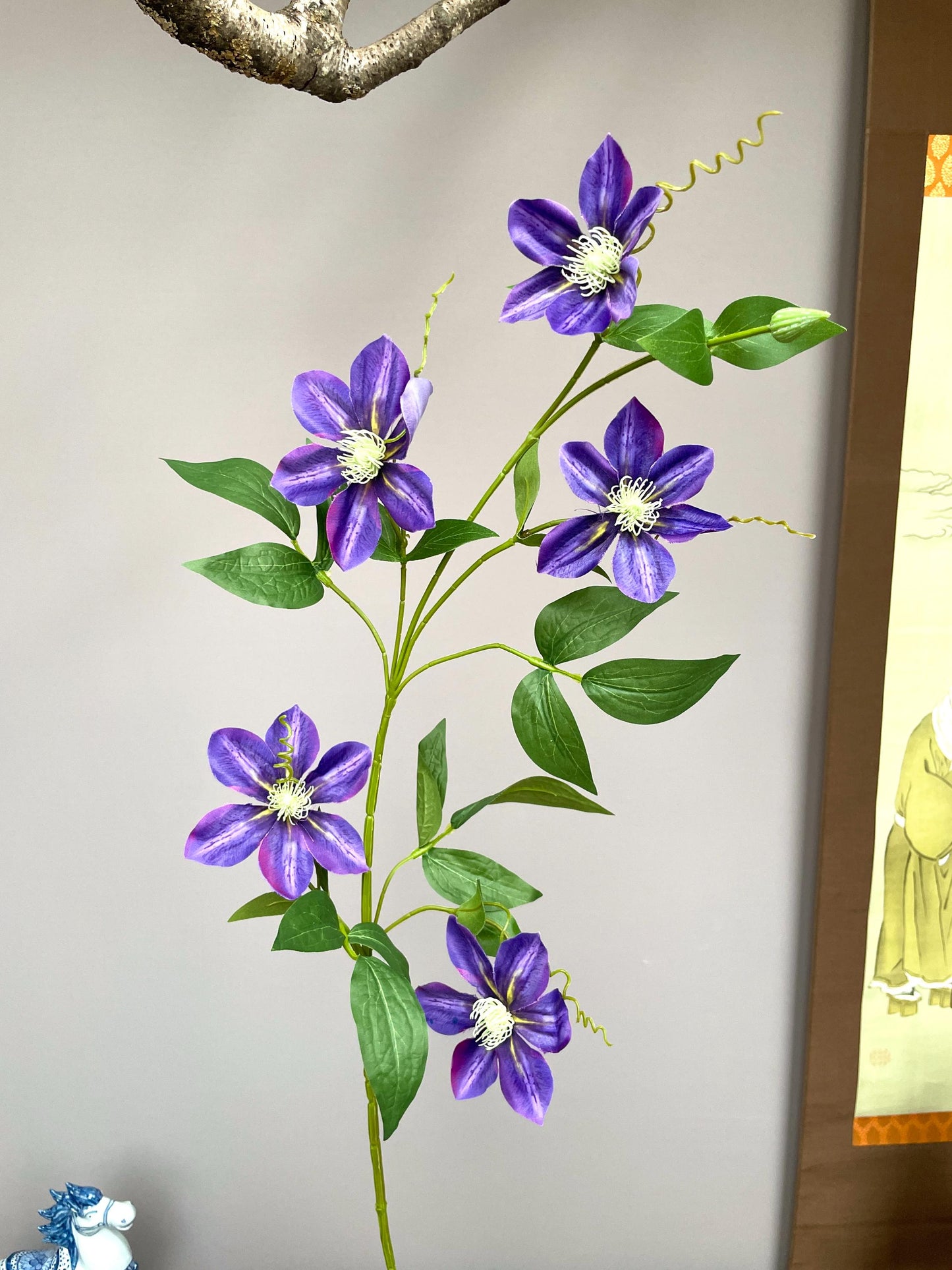 Realistic Deep Purple Clematis Branch Faux Queen of Climbers Silk Flower Zen Minimalist Aesthetic Fully Adjustable Violet Vine Stem Premium
