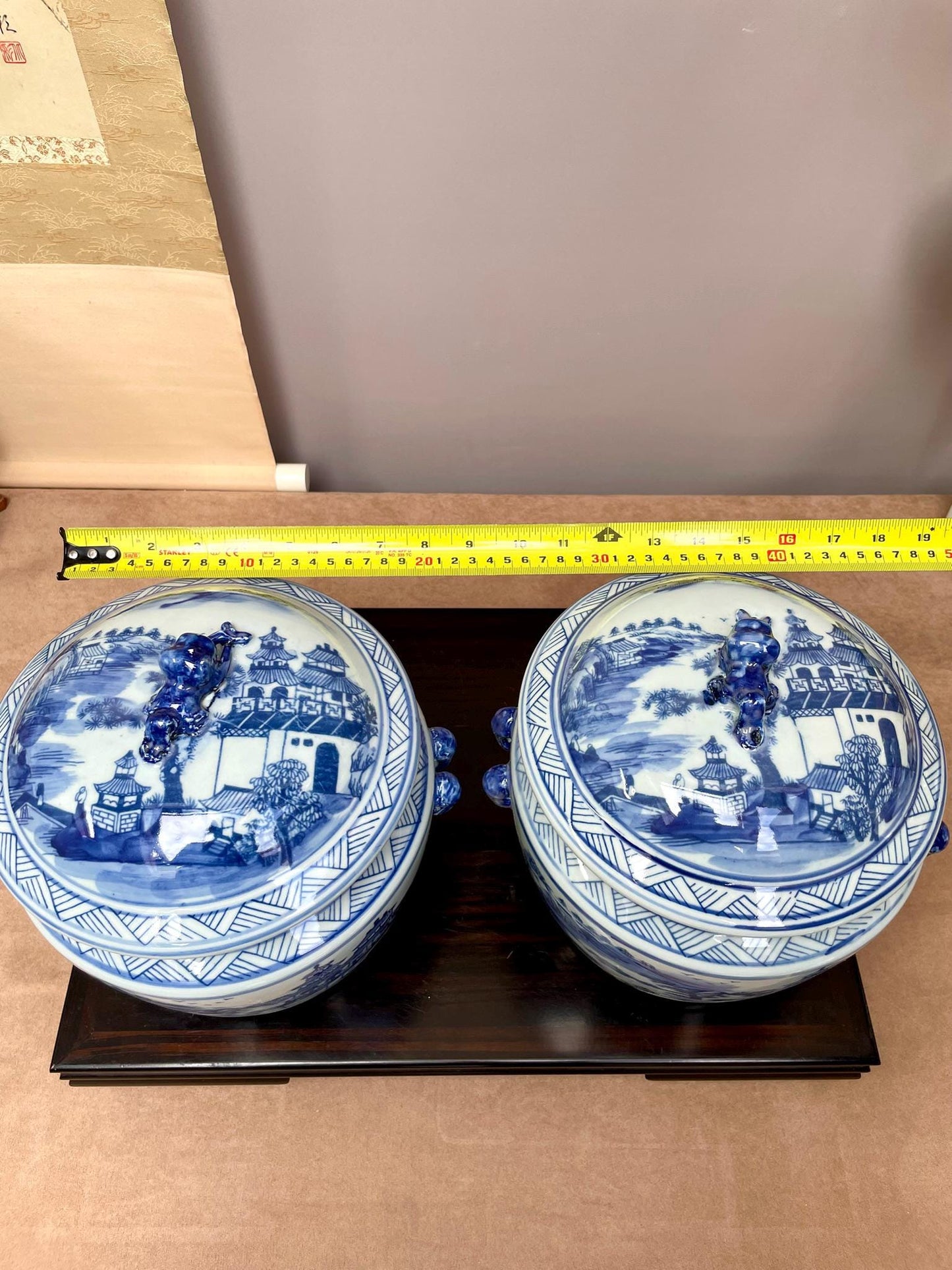 A Pair of Blue & White Porcelain Ginger Jar– Hand-Painted Pagoda Landscape