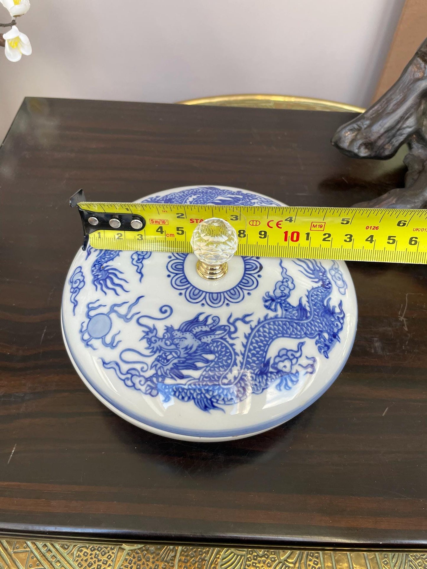 Hand-Crafted Blue and White Porcelain Dragon Jewellery Box - Lidded Trinket Jar with Crystal Knob - Chinoiserie Décor for Precious Items