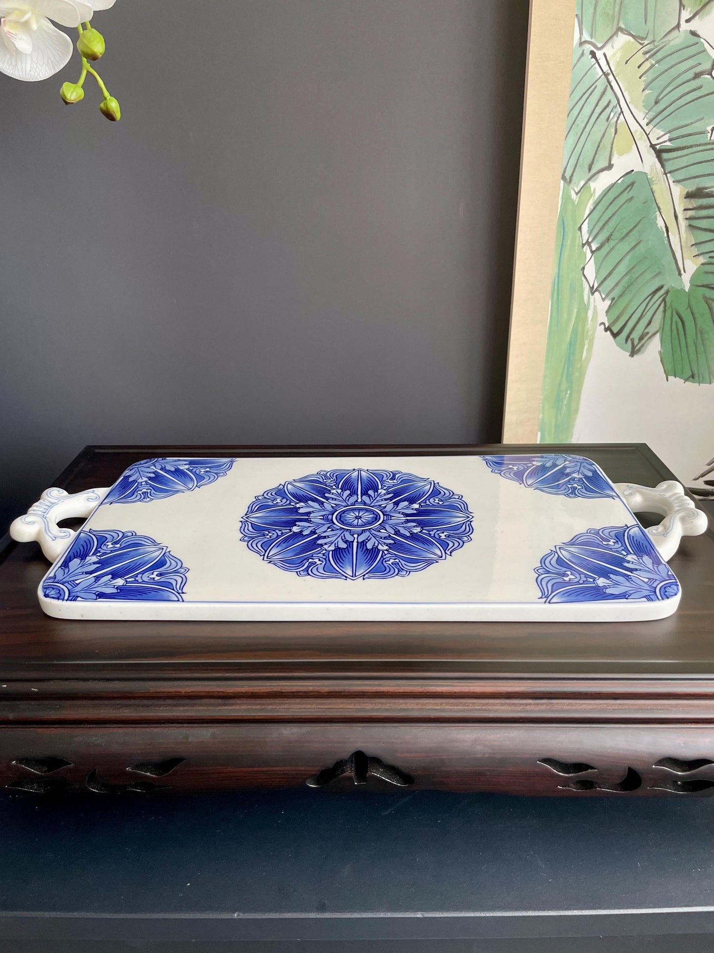 Large Blue & White Ceramic Serving Tray • Handcrafted Porcelain Board with Artisanal Floral Motif Heavy, Smooth, collector Quality Tablewar