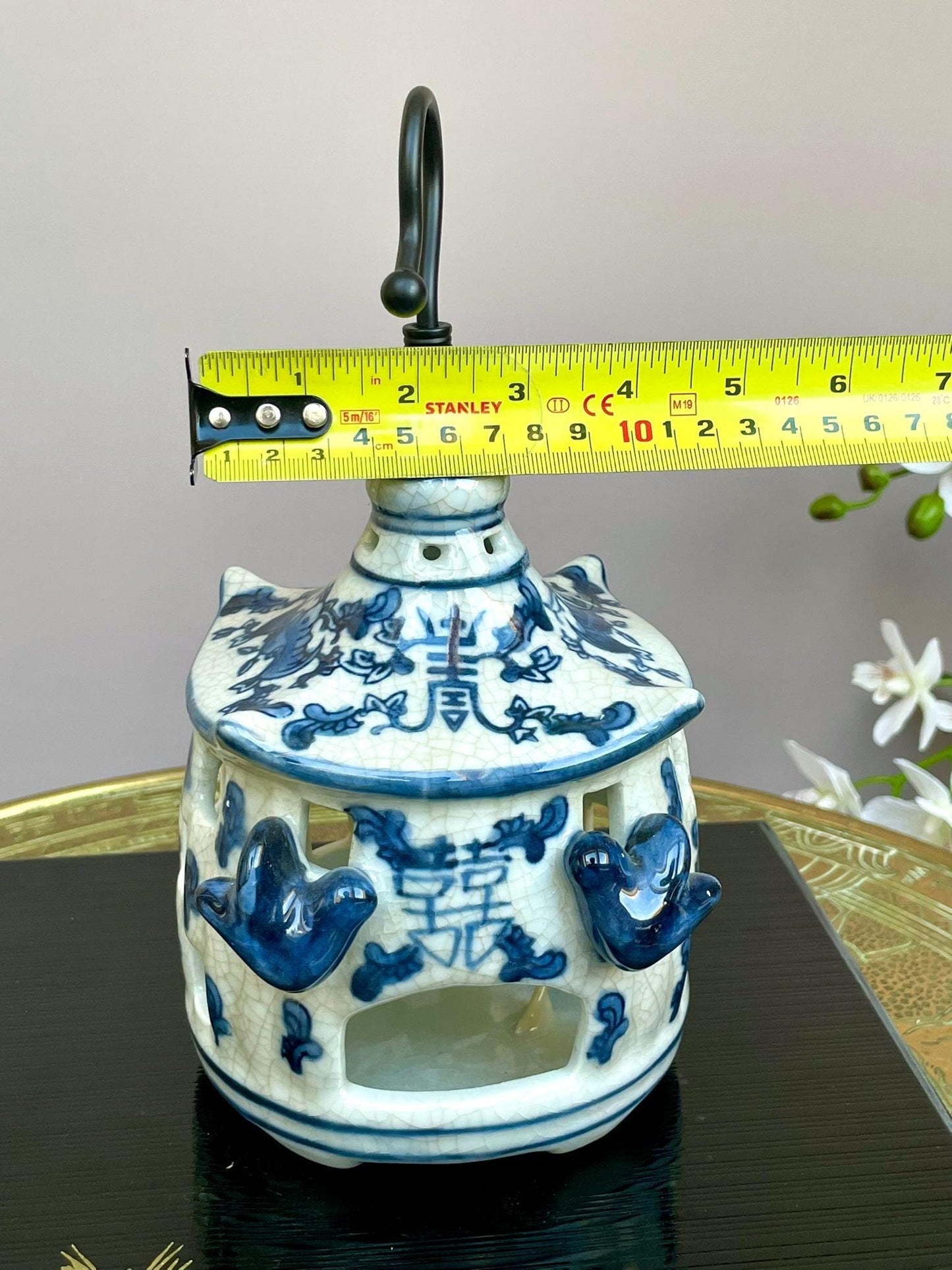 Blue & White Hanging Candle Holder | Crackle Glaze Porcelain Lantern | Handcrafted Ceramic Candle House | Hanging Tealight Holder Decor