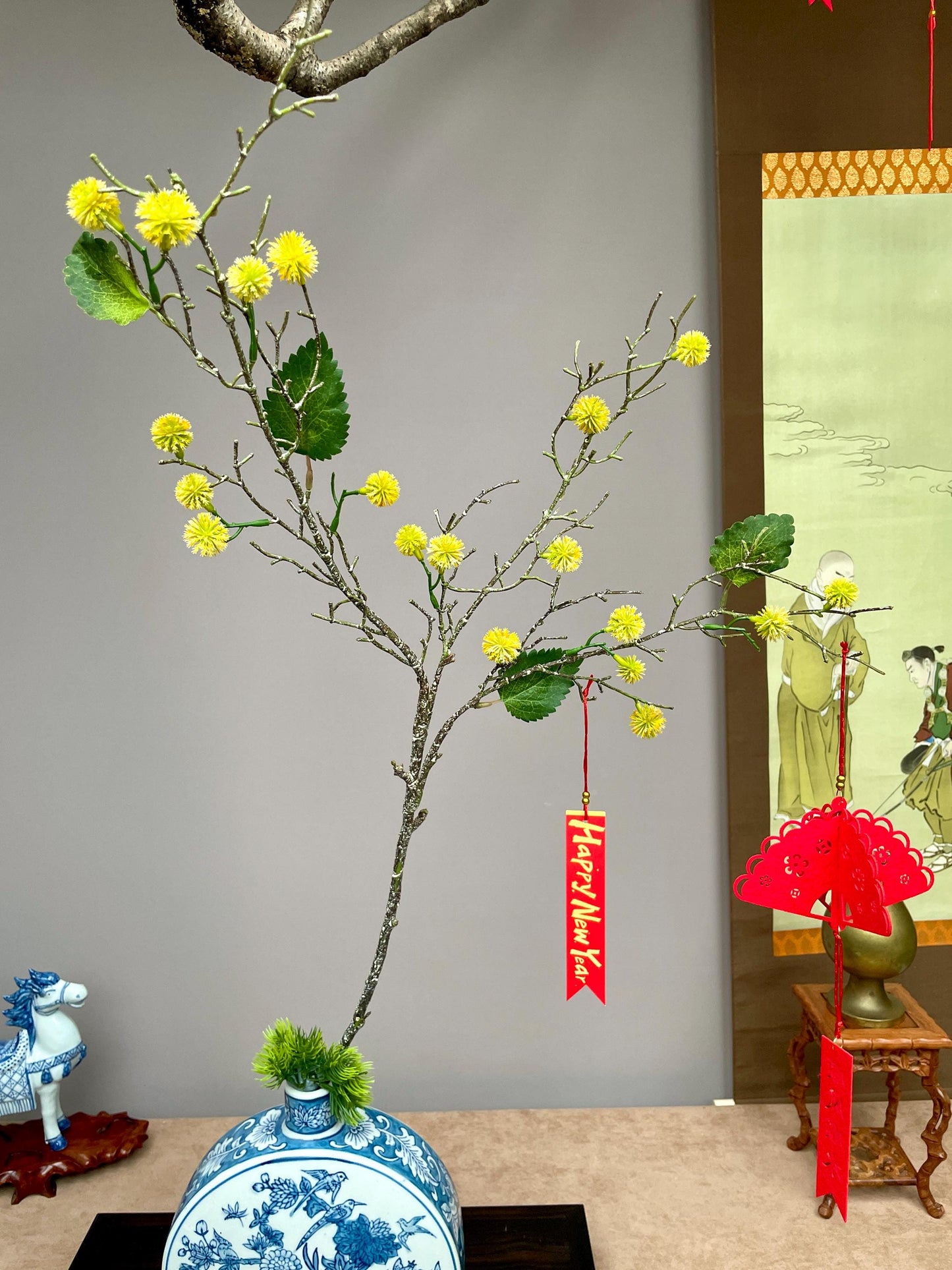 Realistic Yellow Mimosa Branch - Faux Acacia Silk Flower - Lunar New Year Golden Blossom Decor - Zen Minimalist Chinese New Year Floral Stem