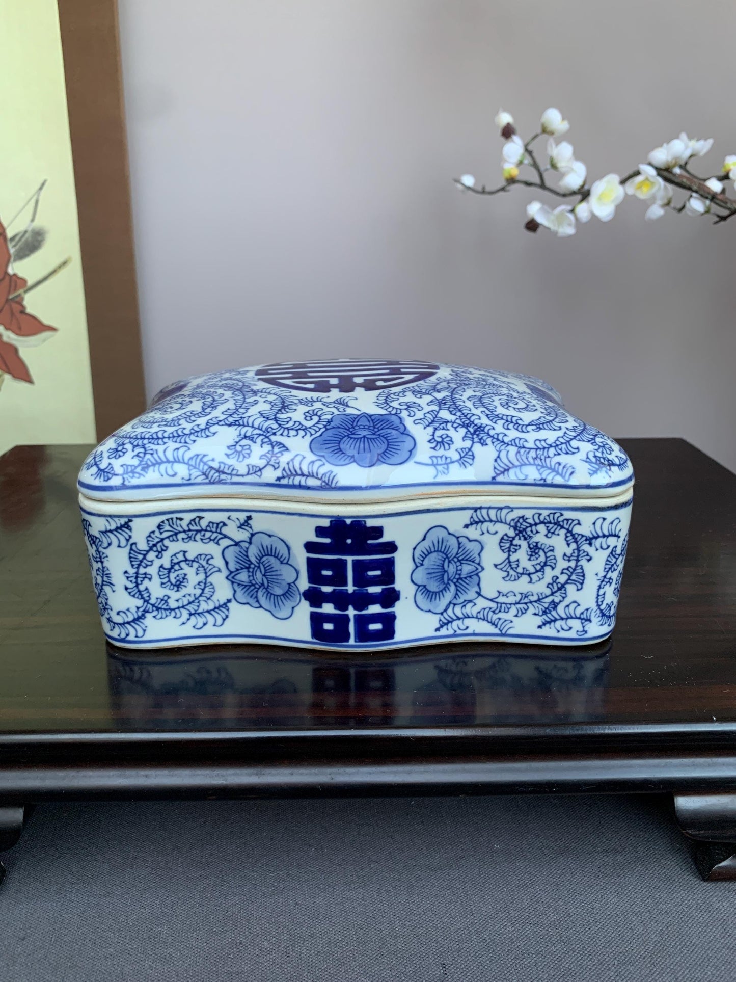 Blue and White Porcelain Lidded Box | Curved Decorative Container with Shou Longevity Symbol | Handcrafted Ceramic Storage Box | Asian Home