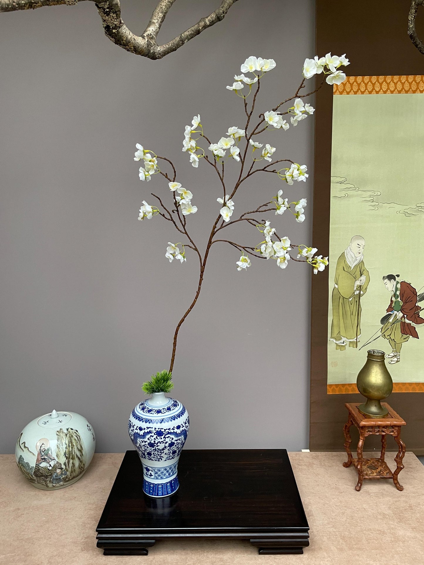 Realistic Faux White Plum Blossom Branch - Prunus Mume Artificial Silk Flower - Zen Minimalist Home Decor  Winter Plum Blossom Arrangement