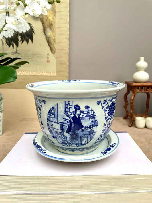 Blue & White Porcelain Planter Bowl with Saucer – Hand-crafted Chinese Lady Scene, Decorative Vase, Chinoiserie Home Decor