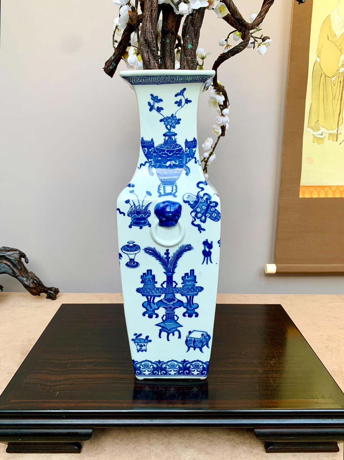 Tall Hand-Crafted Blue and White Square Vase Rare "Hundred Antiques" (Bogu) Motif Heavy Premium Porcelain Traditional Scholar's Studio Deco