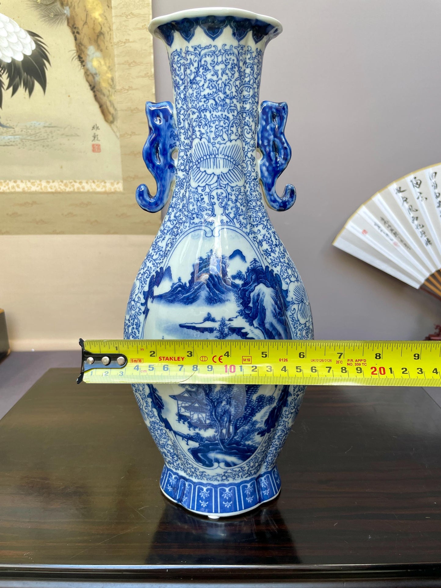 Blue and White Landscape Vase Ceramic Chinoiserie Baluster Vase Porcelain Temple Vase Oriental Mountain Scene Pottery Large Console Decor